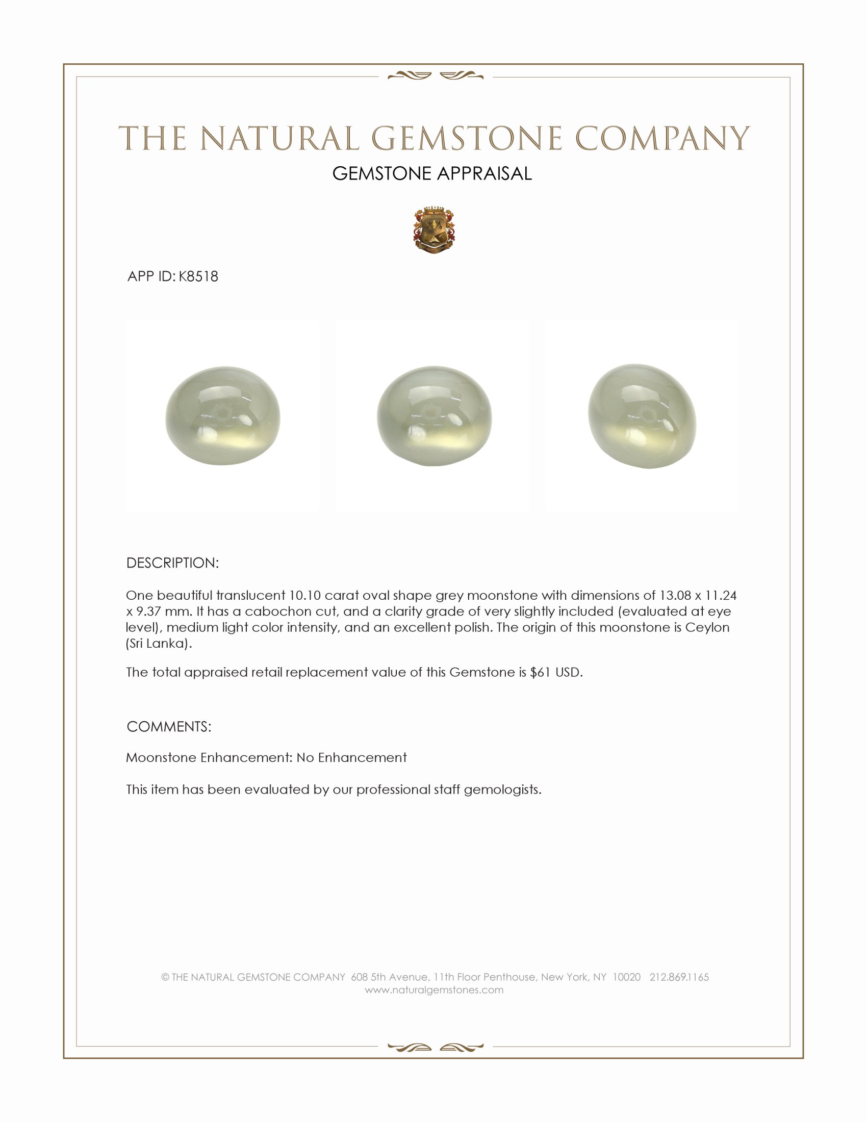 10.10 Ct. Cabochon Moonstone from Ceylon (Sri Lanka)