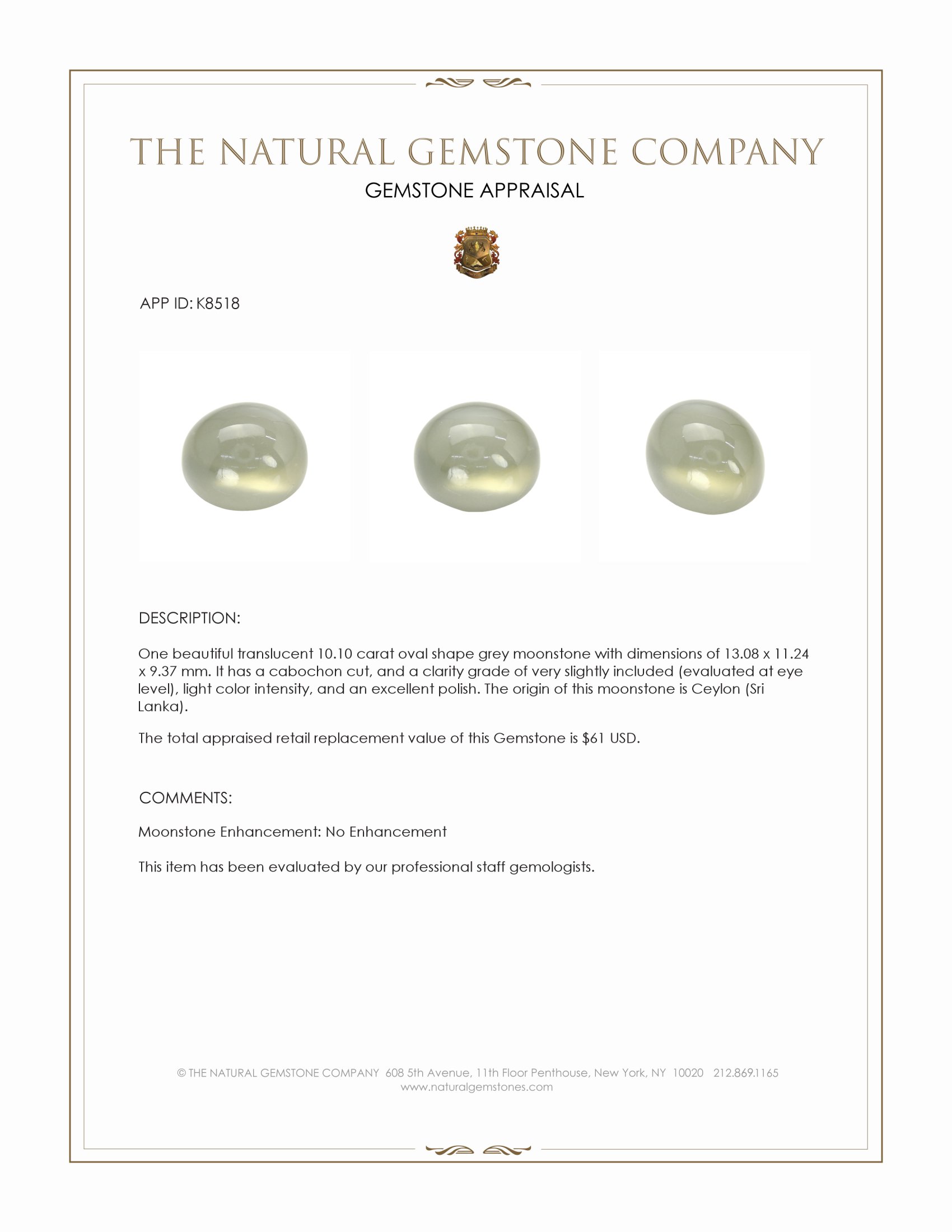 10.10 Ct. Cabochon Moonstone from Ceylon (Sri Lanka)