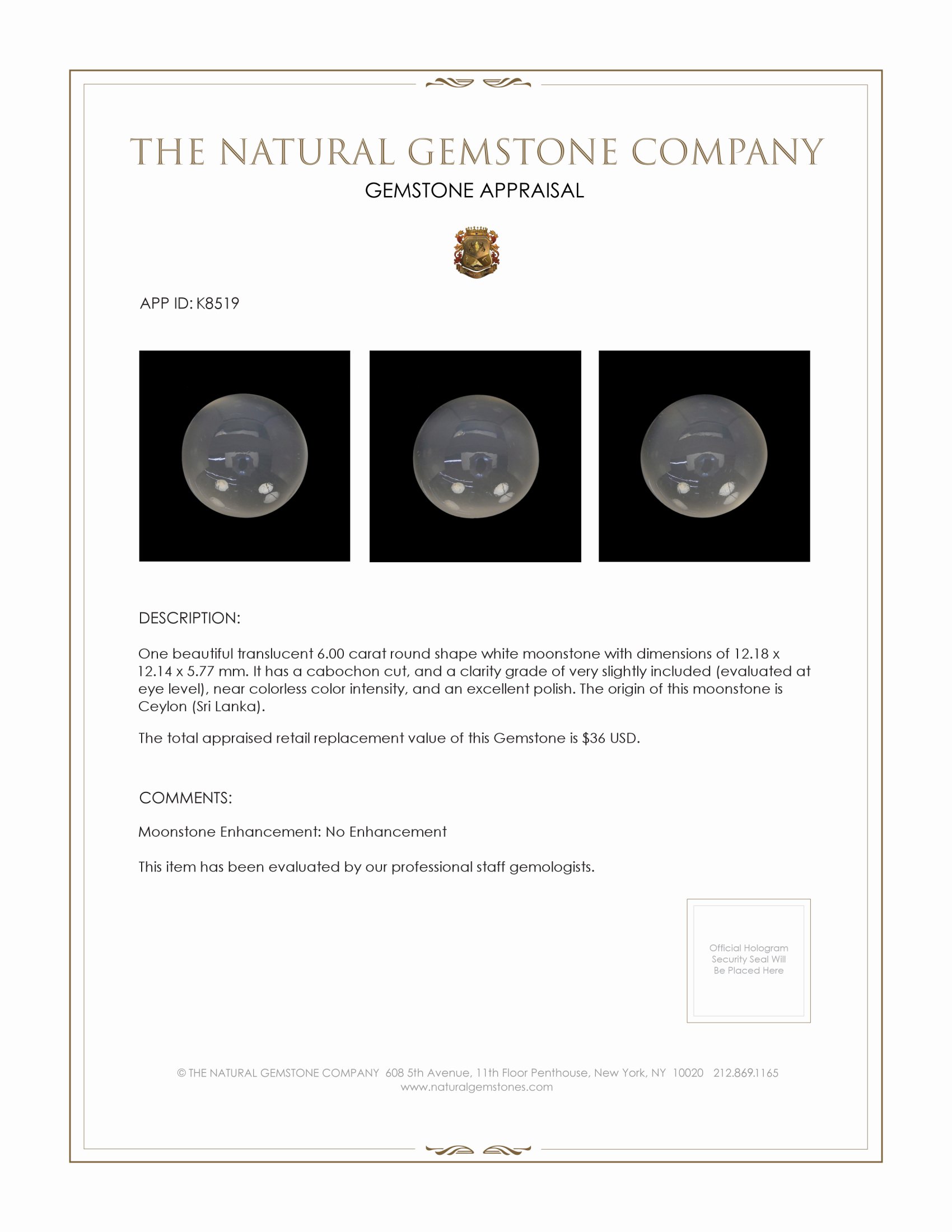 6.00 Ct. Cabochon Moonstone from Ceylon (Sri Lanka)