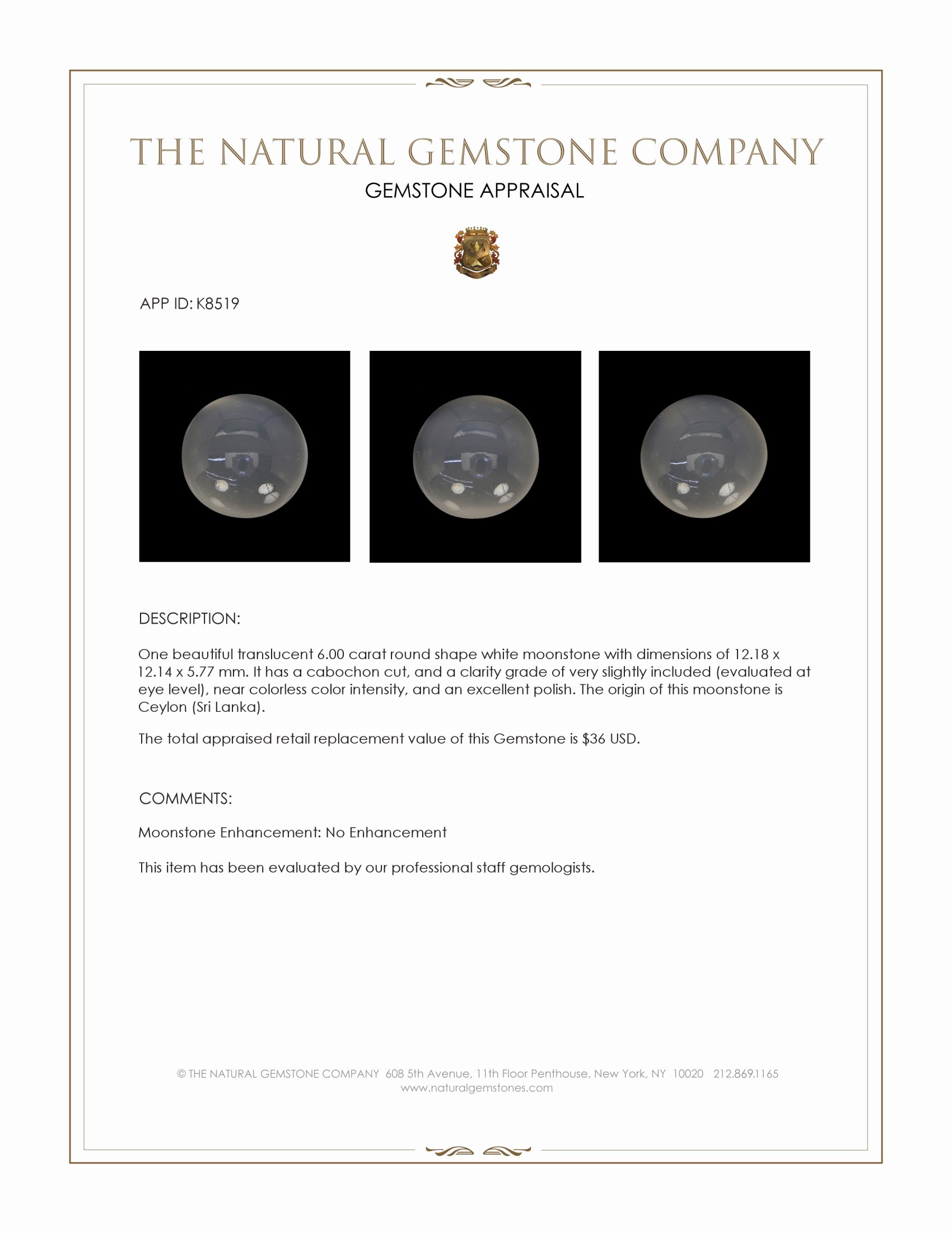 6.00 Ct. Cabochon Moonstone from Ceylon (Sri Lanka)