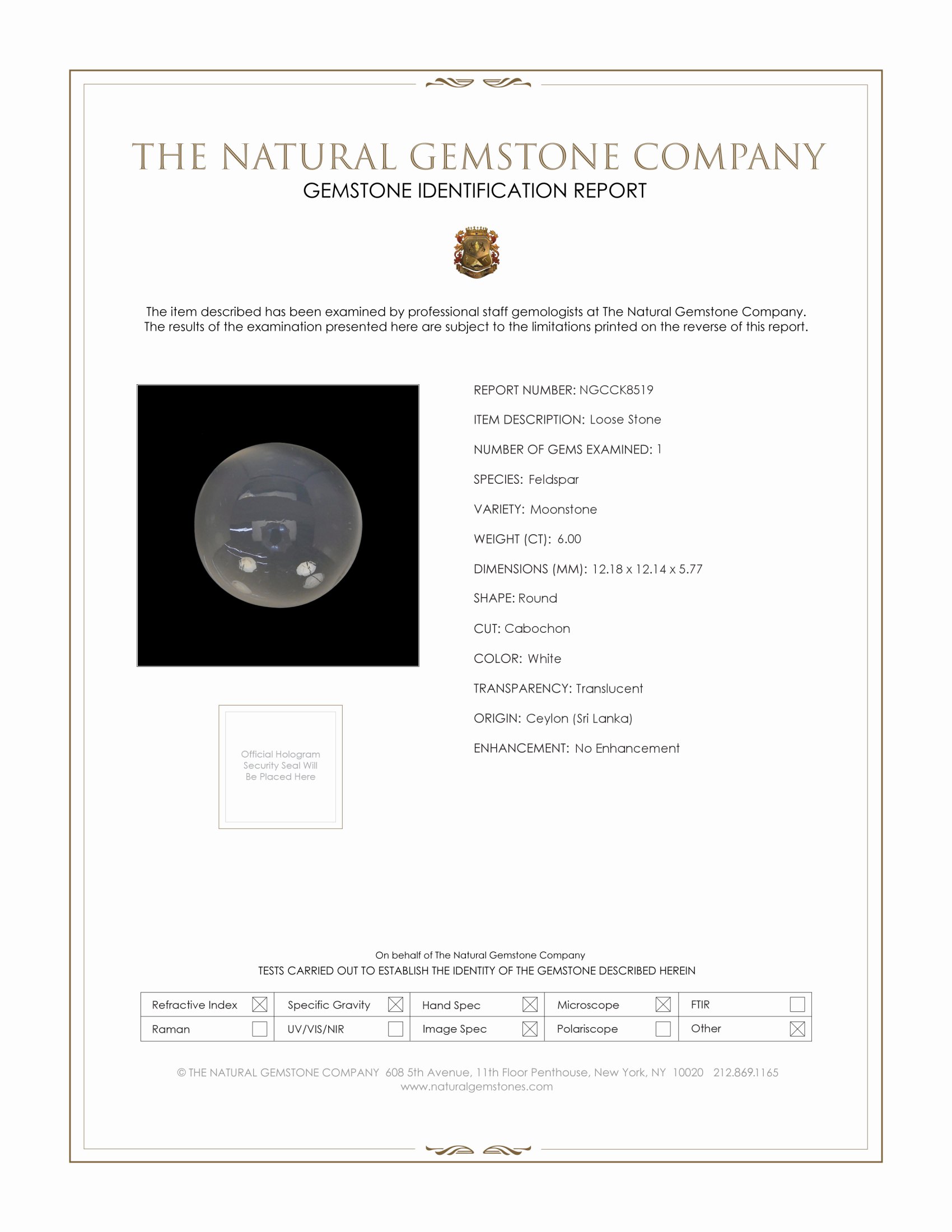 6.00 Ct. White Cabochon Moonstone from Ceylon (Sri Lanka)