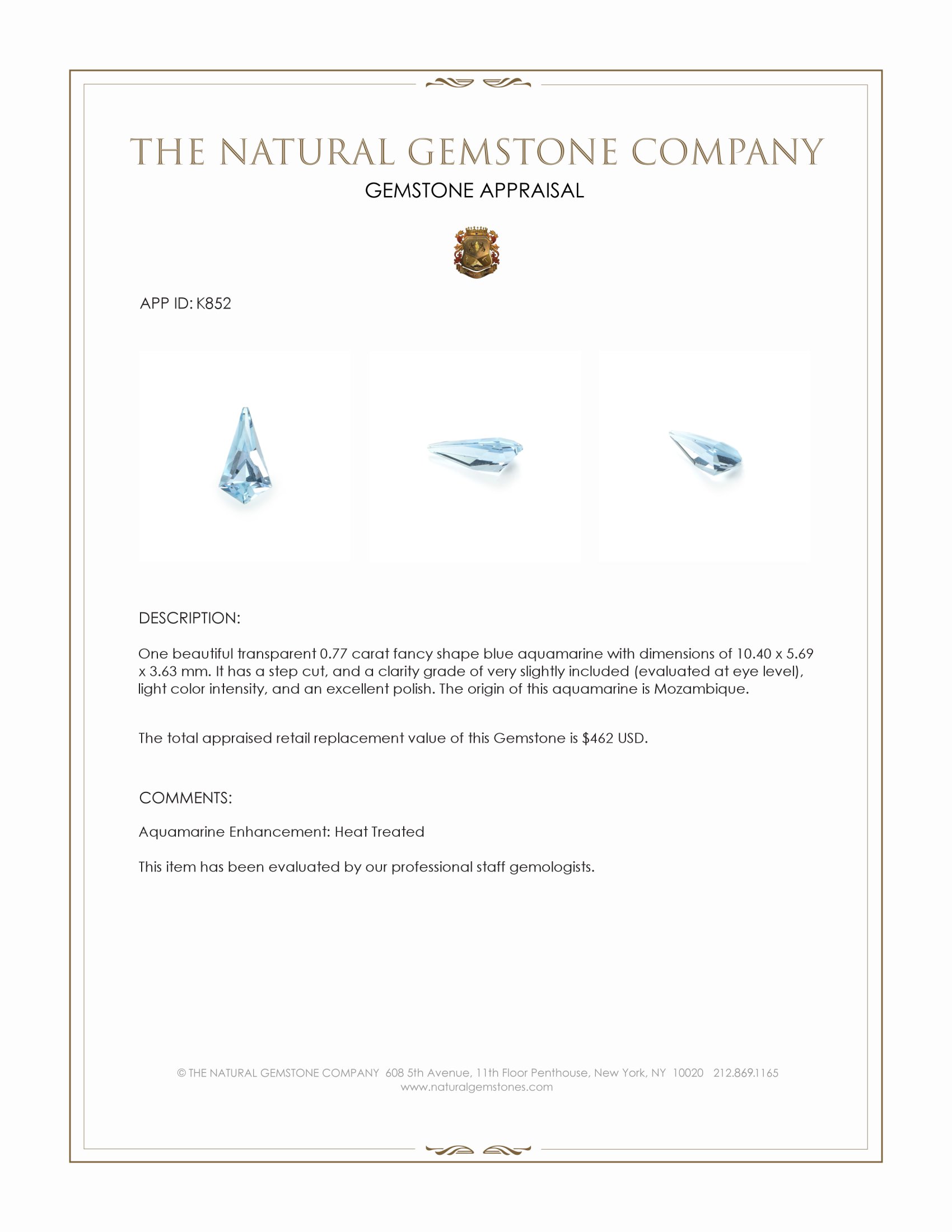 0.77 Ct. Blue Aquamarine from Mozambique