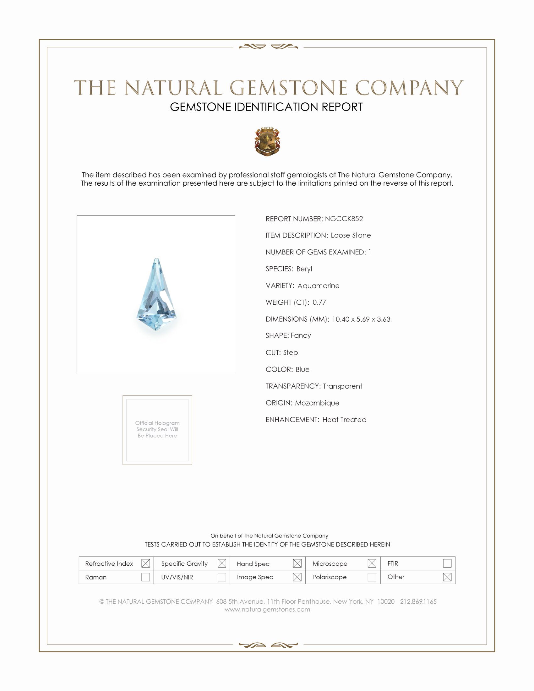 0.77 Ct. Blue Aquamarine from Mozambique