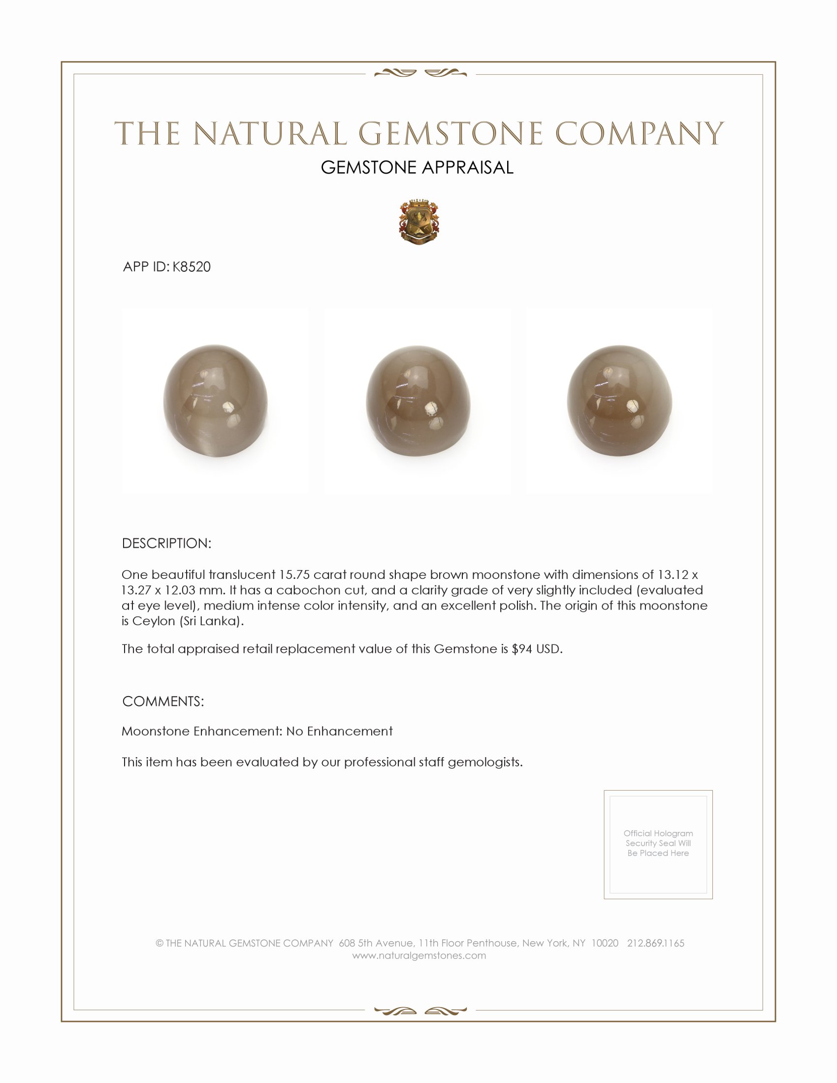 15.75 Ct. Cabochon Moonstone from Ceylon (Sri Lanka)