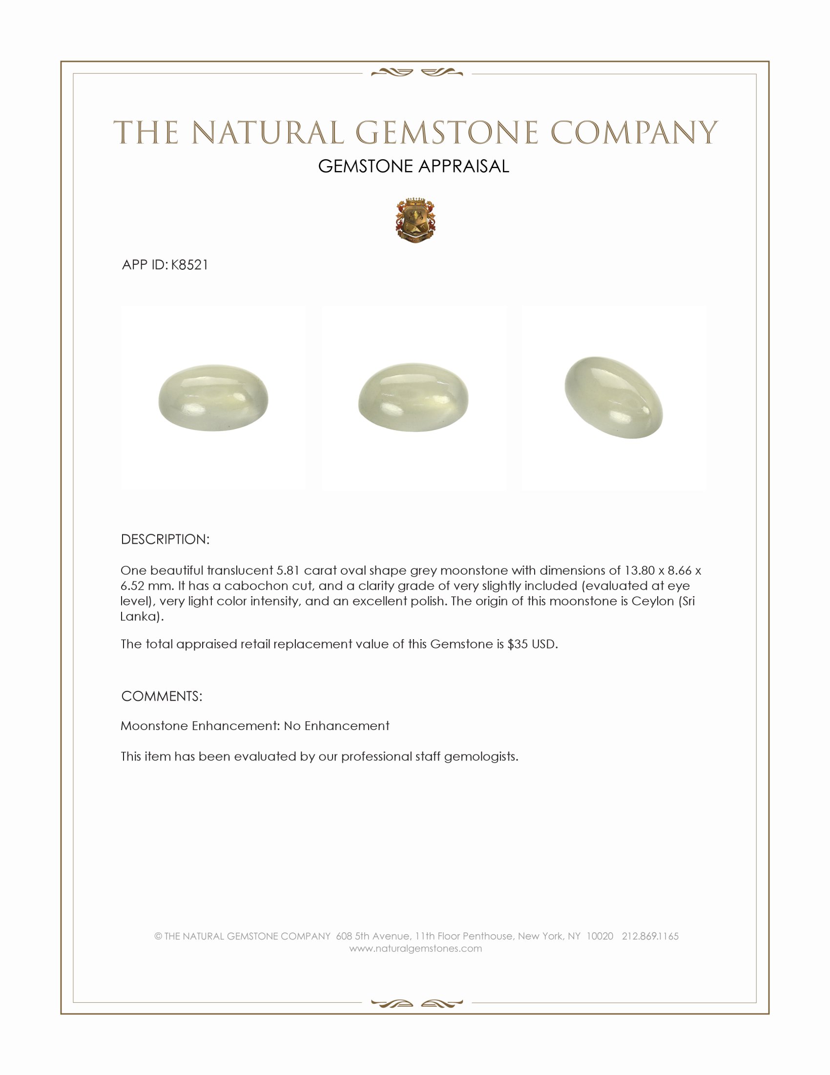 5.81 Ct. Cabochon Moonstone from Ceylon (Sri Lanka)