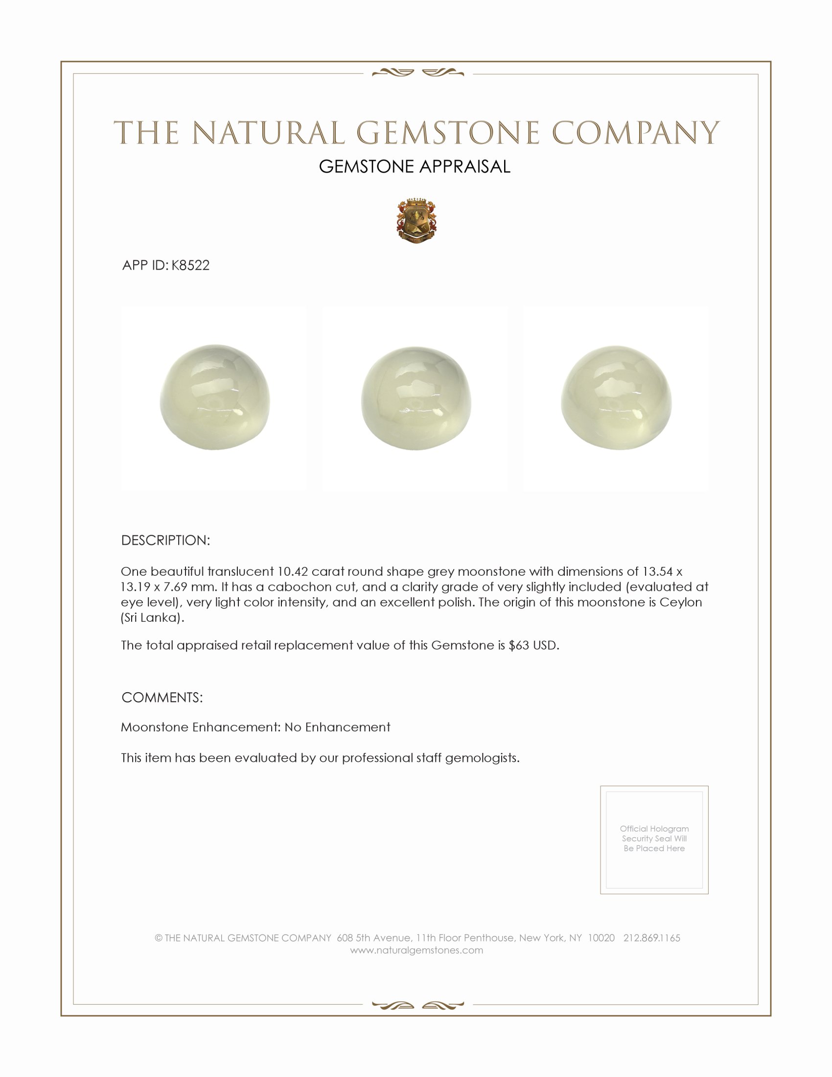 10.42 Ct. Grey Cabochon Moonstone from Ceylon (Sri Lanka)