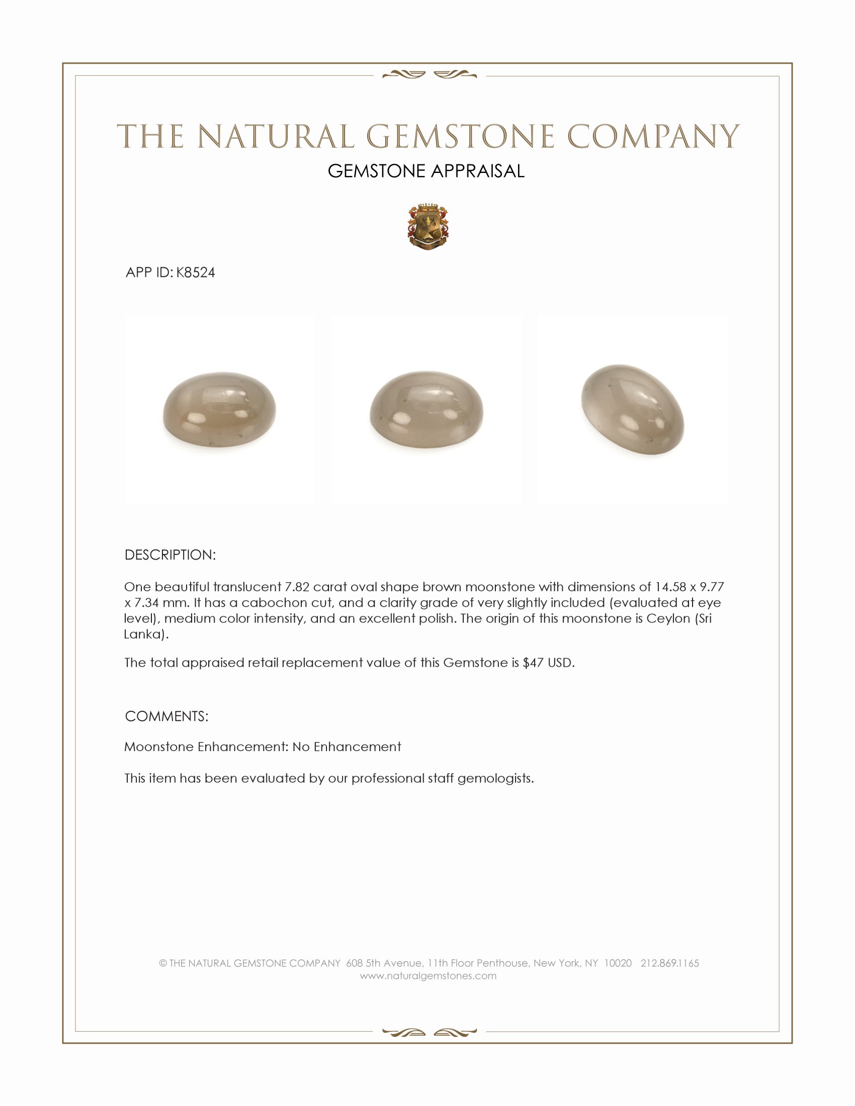 7.82 Ct. Cabochon Moonstone from Ceylon (Sri Lanka)