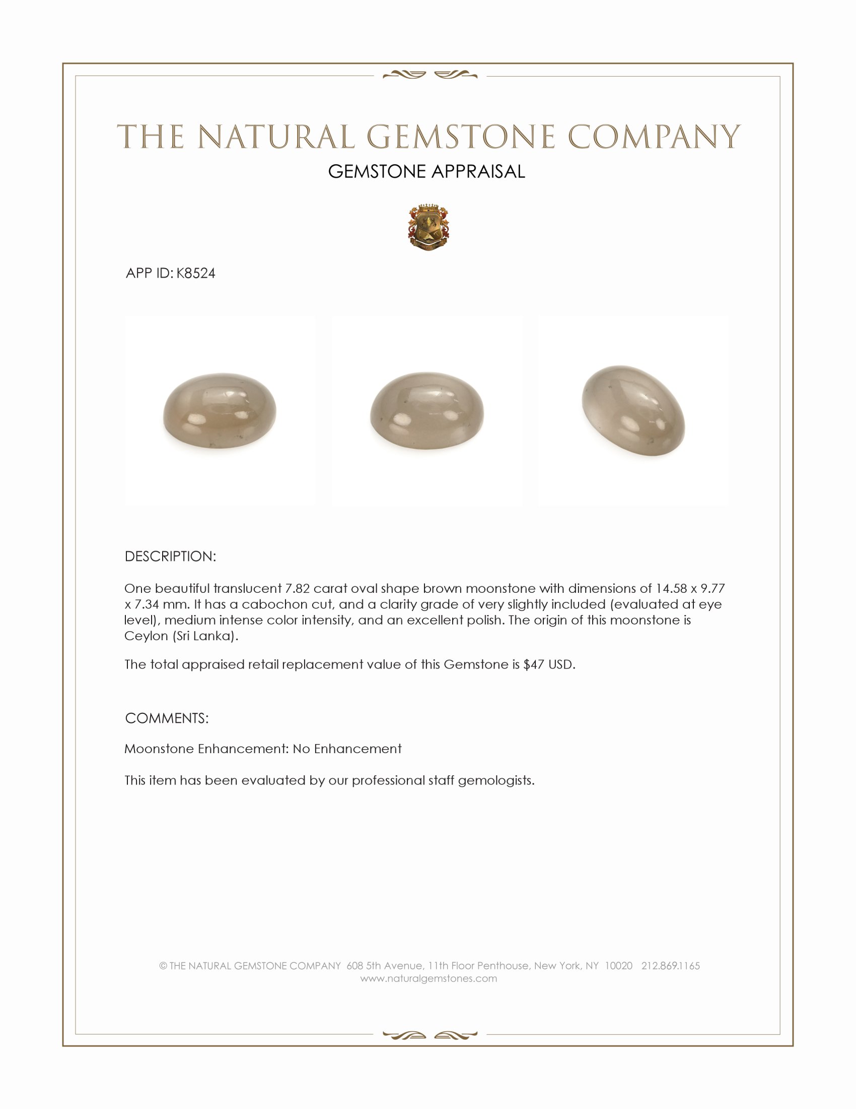 7.82 Ct. Cabochon Moonstone from Ceylon (Sri Lanka)