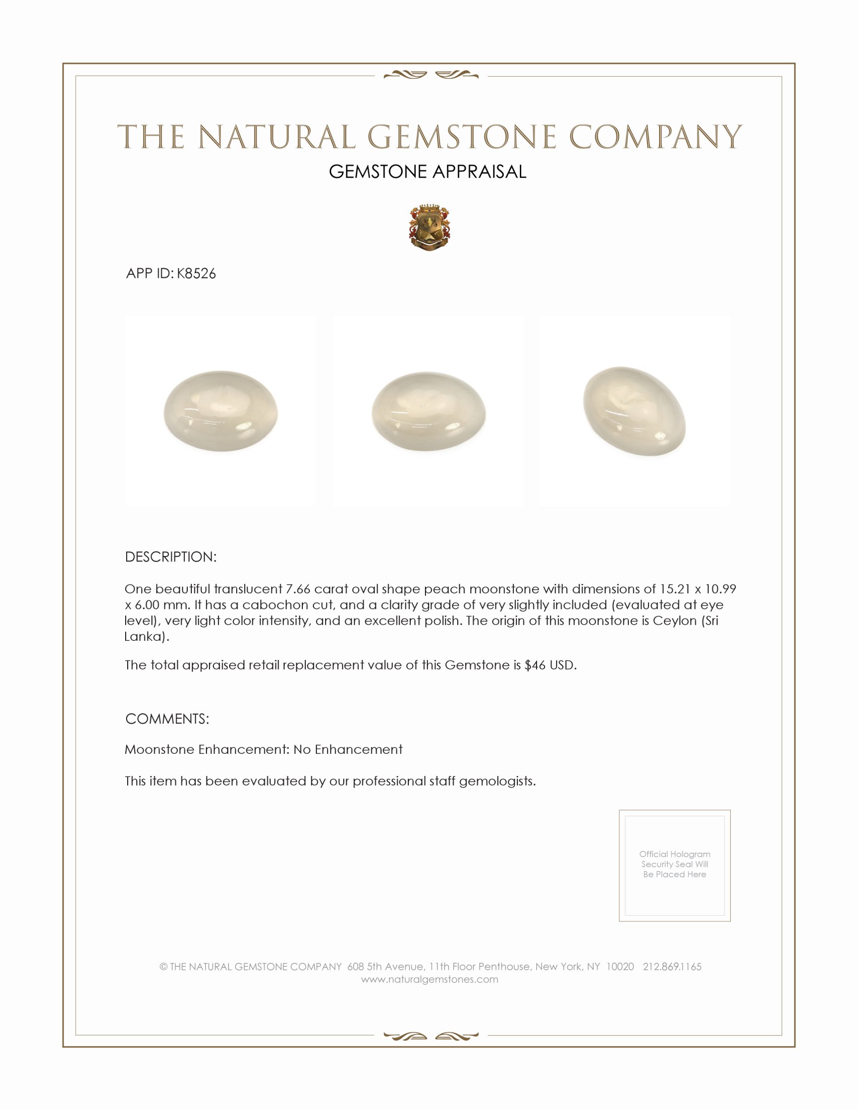 7.66 Ct. Cabochon Moonstone from Ceylon (Sri Lanka)