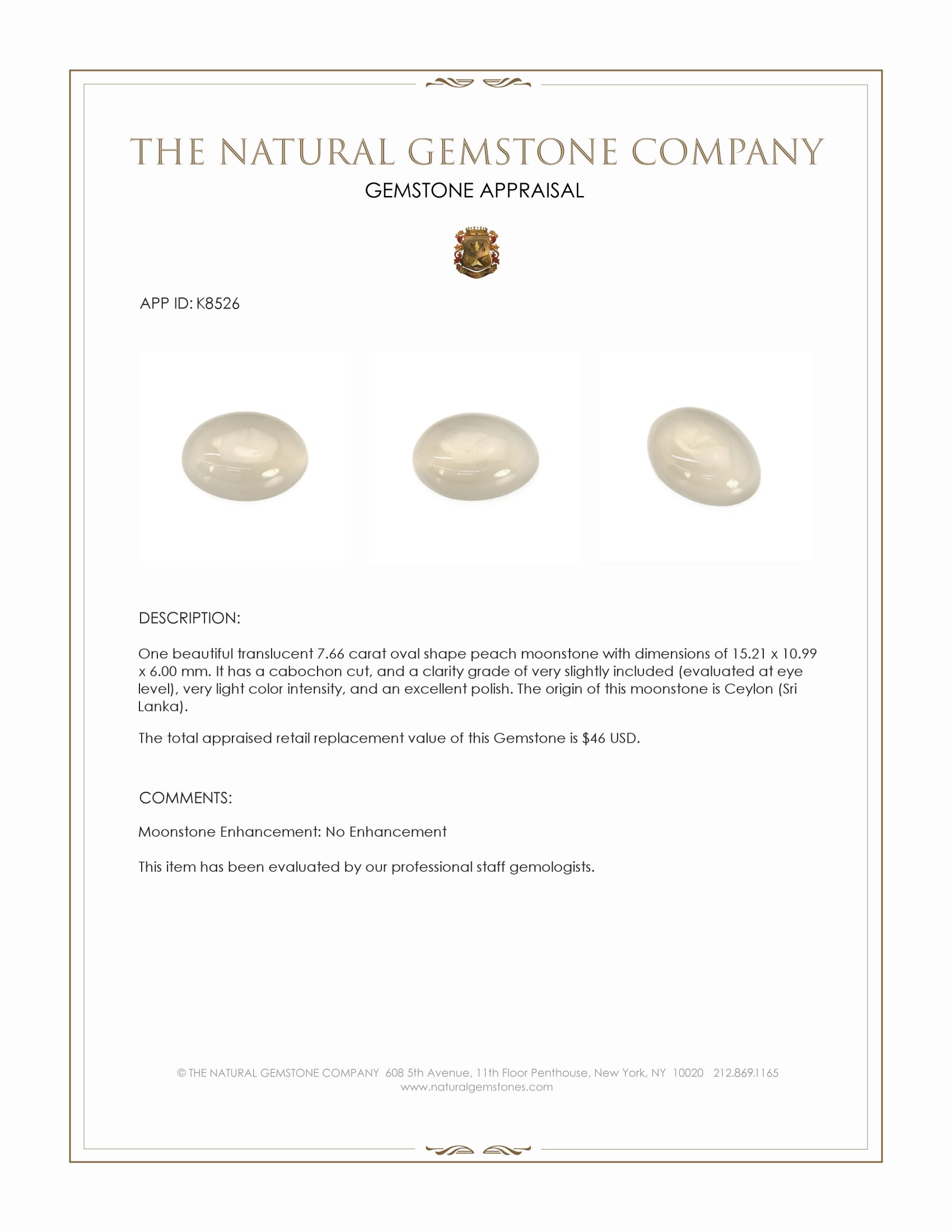 7.66 Ct. Cabochon Moonstone from Ceylon (Sri Lanka)