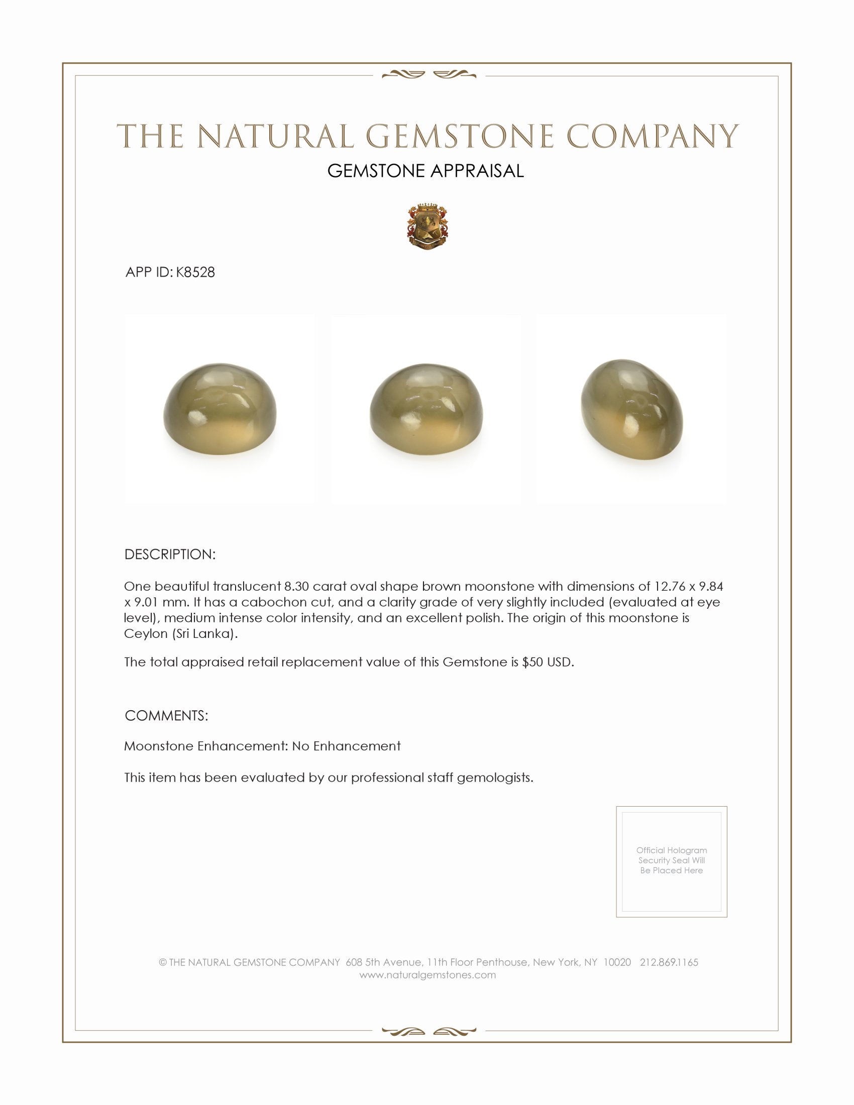 8.30 Ct. Cabochon Moonstone from Ceylon (Sri Lanka)