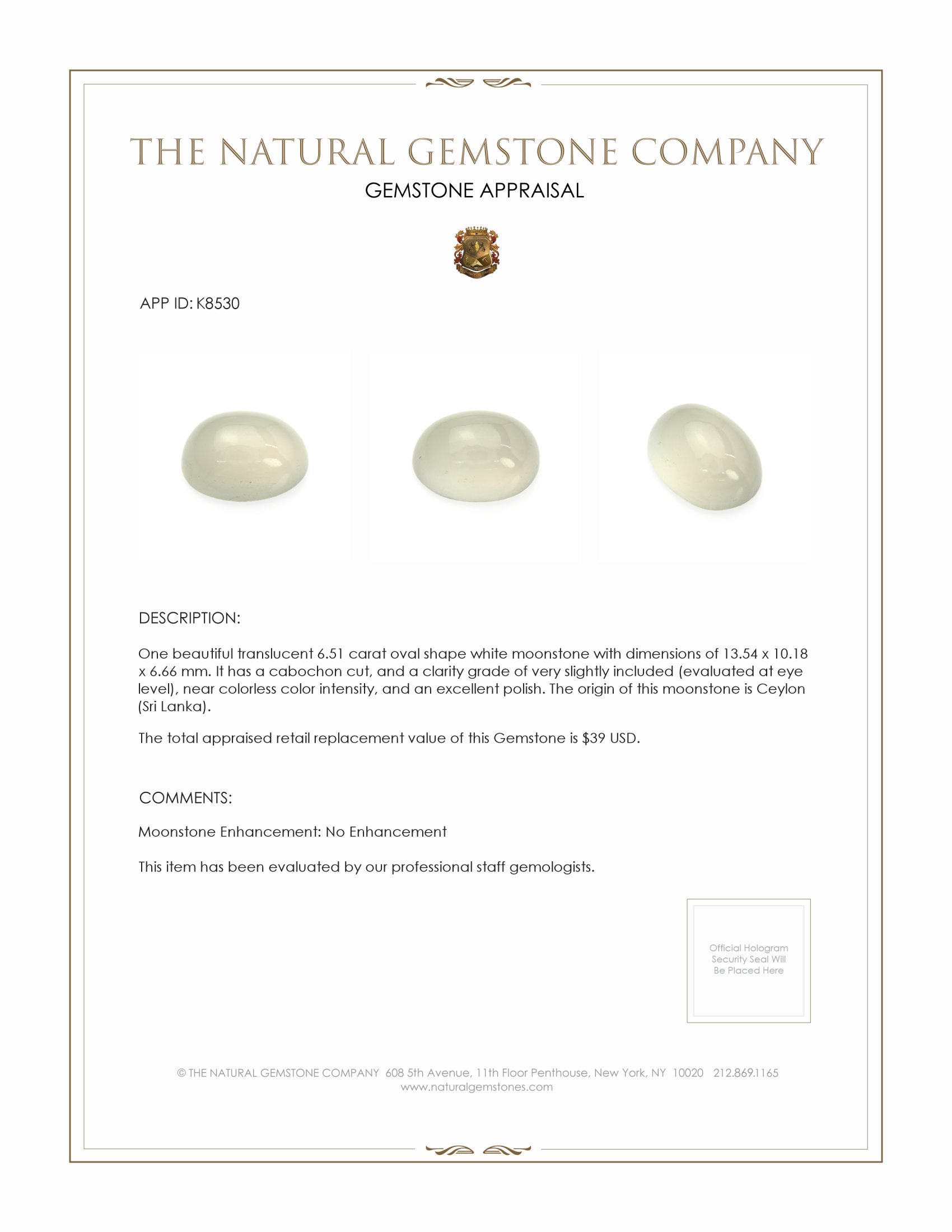 6.51 Ct. Cabochon Moonstone from Ceylon (Sri Lanka)