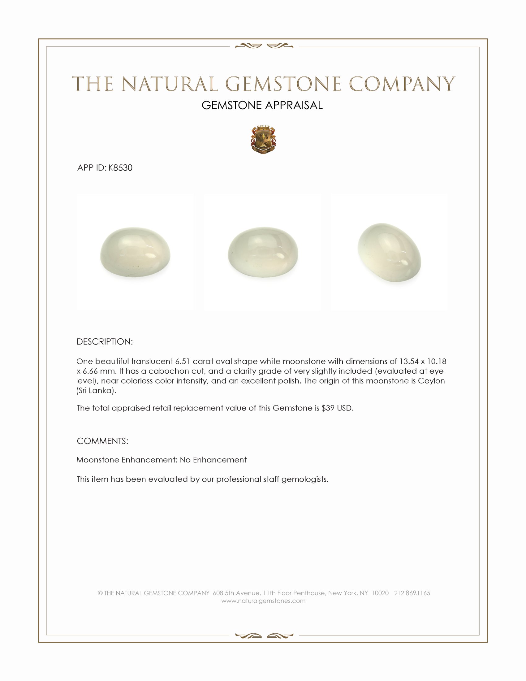 6.51 Ct. White Cabochon Moonstone from Ceylon (Sri Lanka)