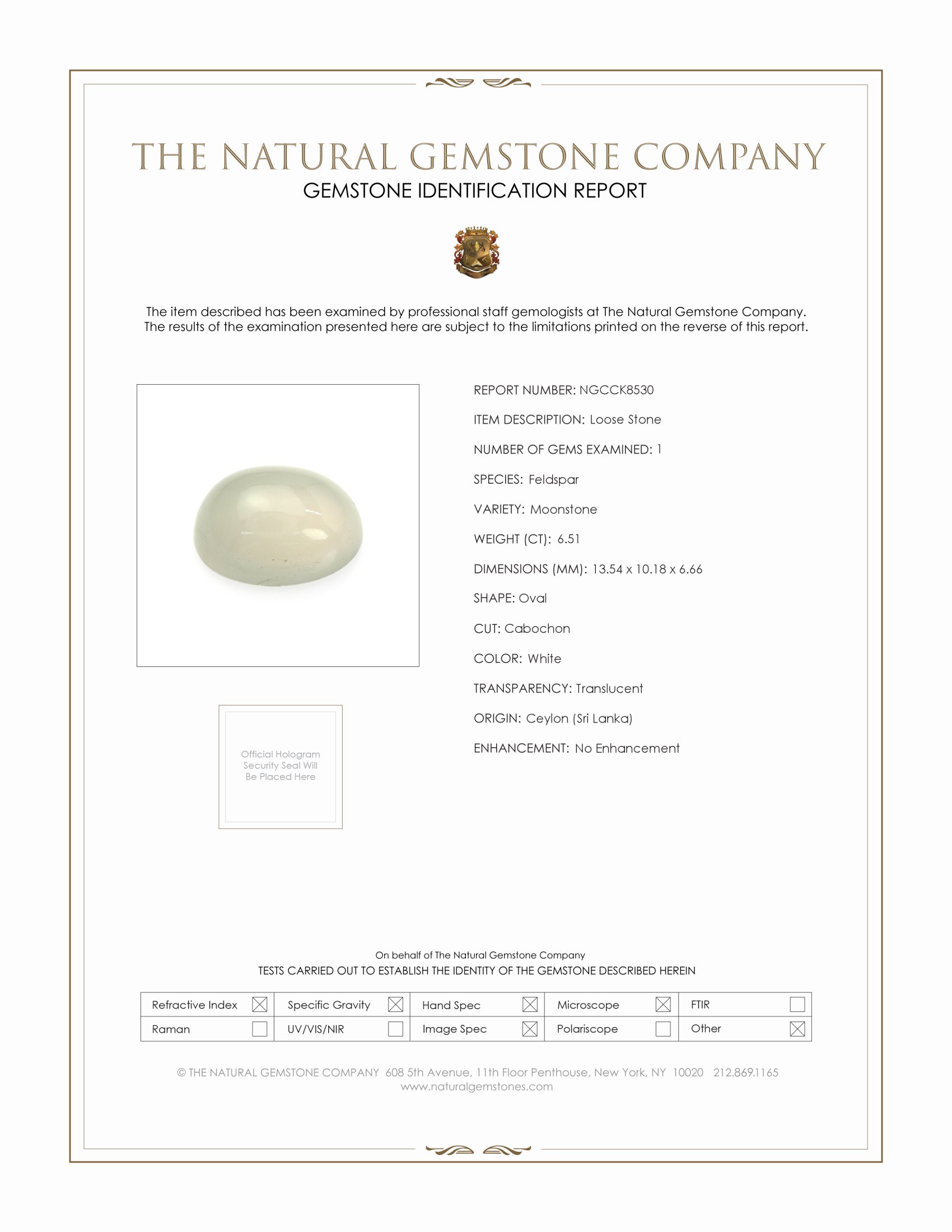 6.51 Ct. White Cabochon Moonstone from Ceylon (Sri Lanka)