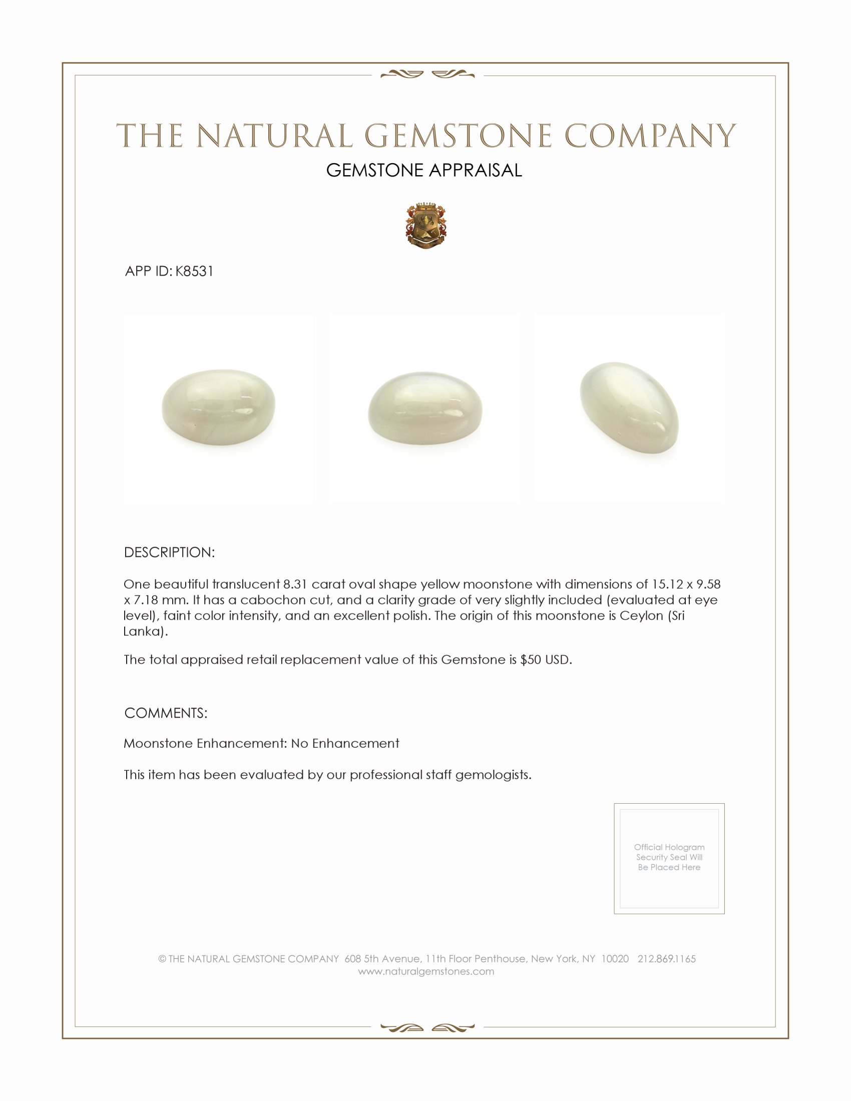 8.31 Ct. Cabochon Moonstone from Ceylon (Sri Lanka)