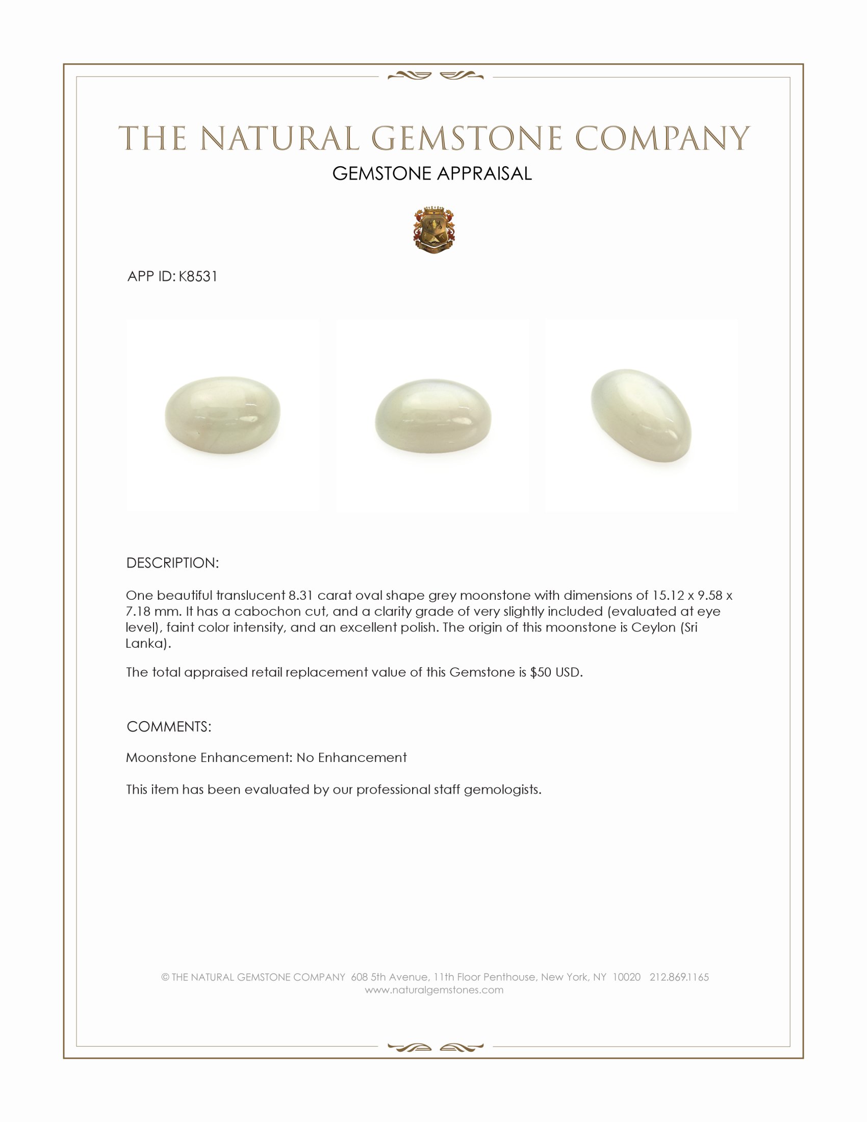 8.31 Ct. Grey Cabochon Moonstone from Ceylon (Sri Lanka)