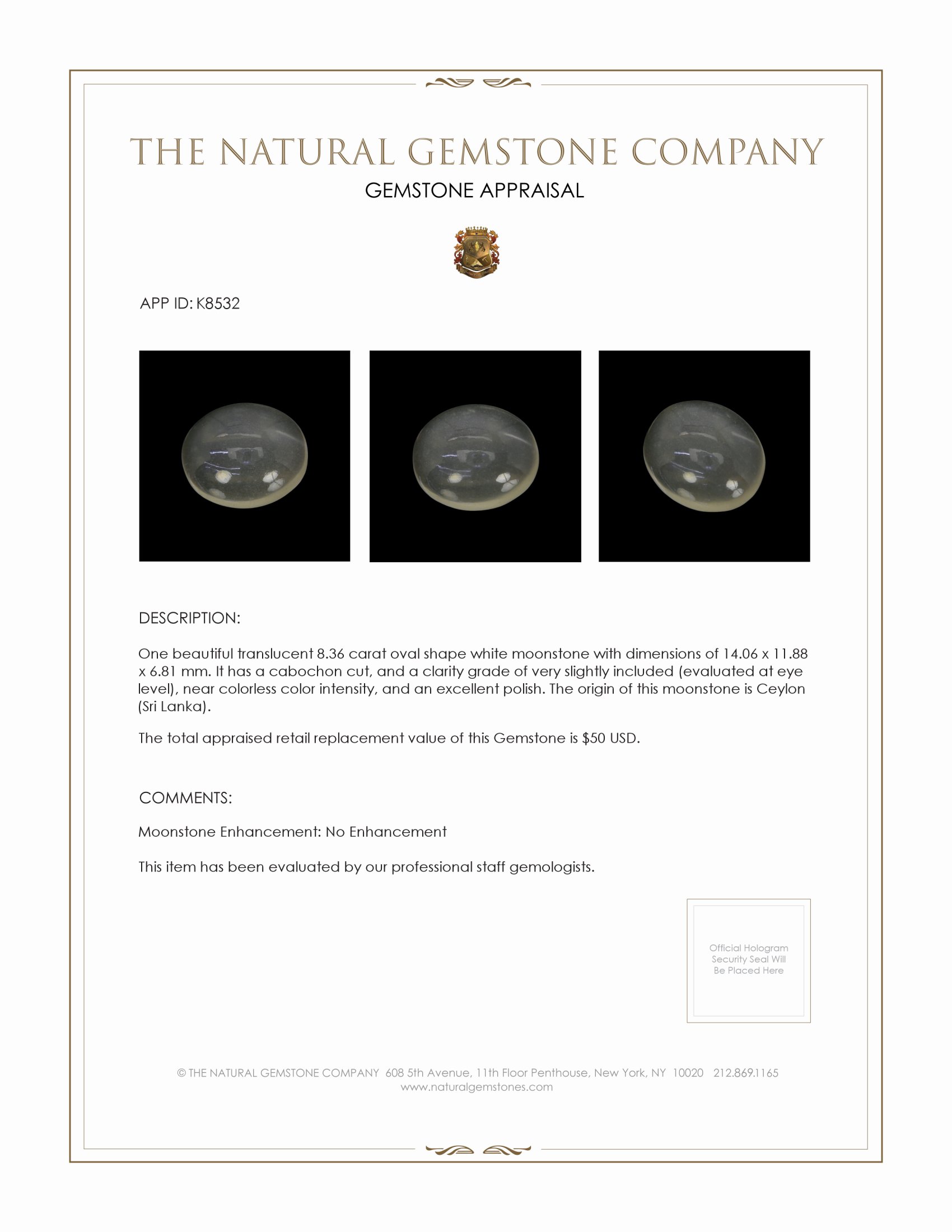 8.36 Ct. Cabochon Moonstone from Ceylon (Sri Lanka)