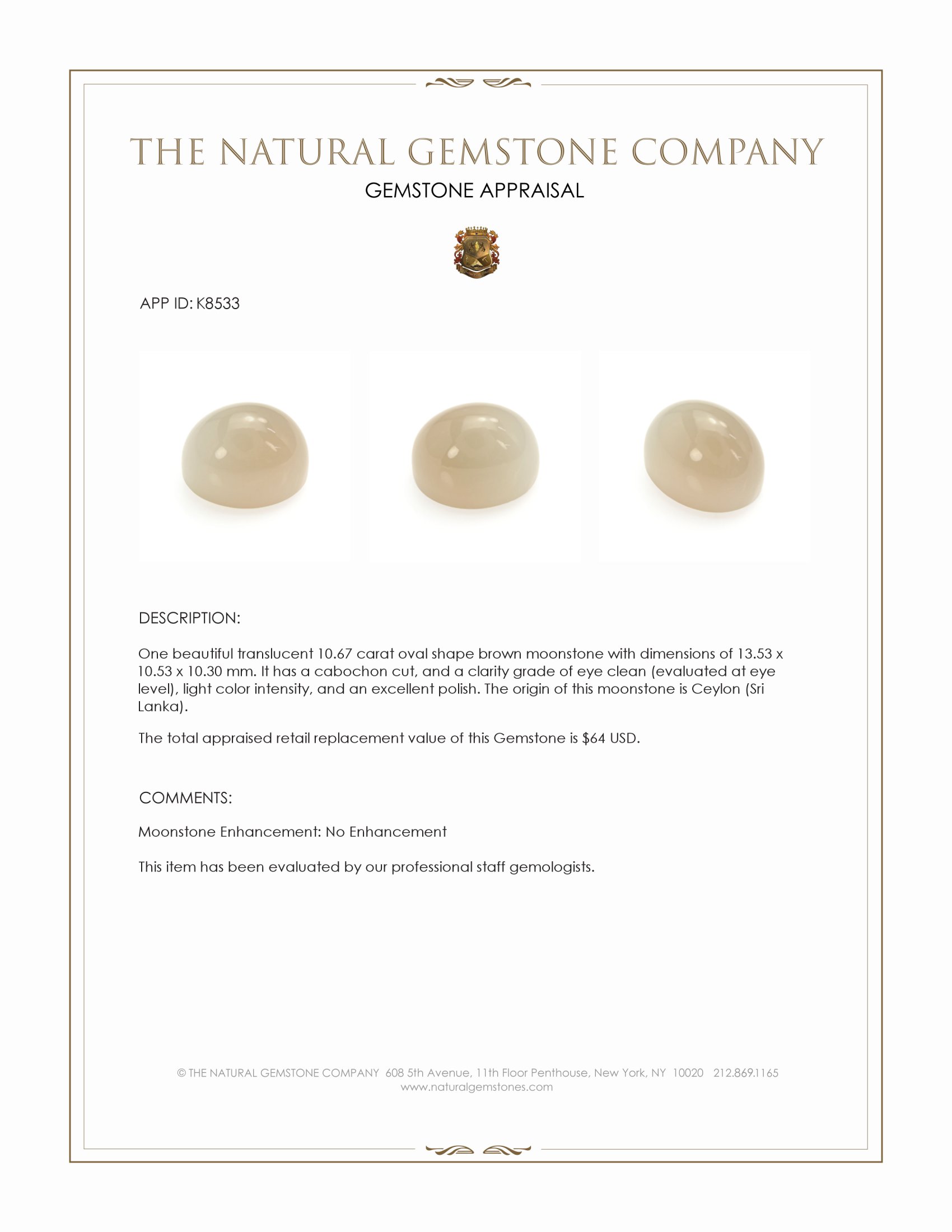 10.67 Ct. Cabochon Moonstone from Ceylon (Sri Lanka)