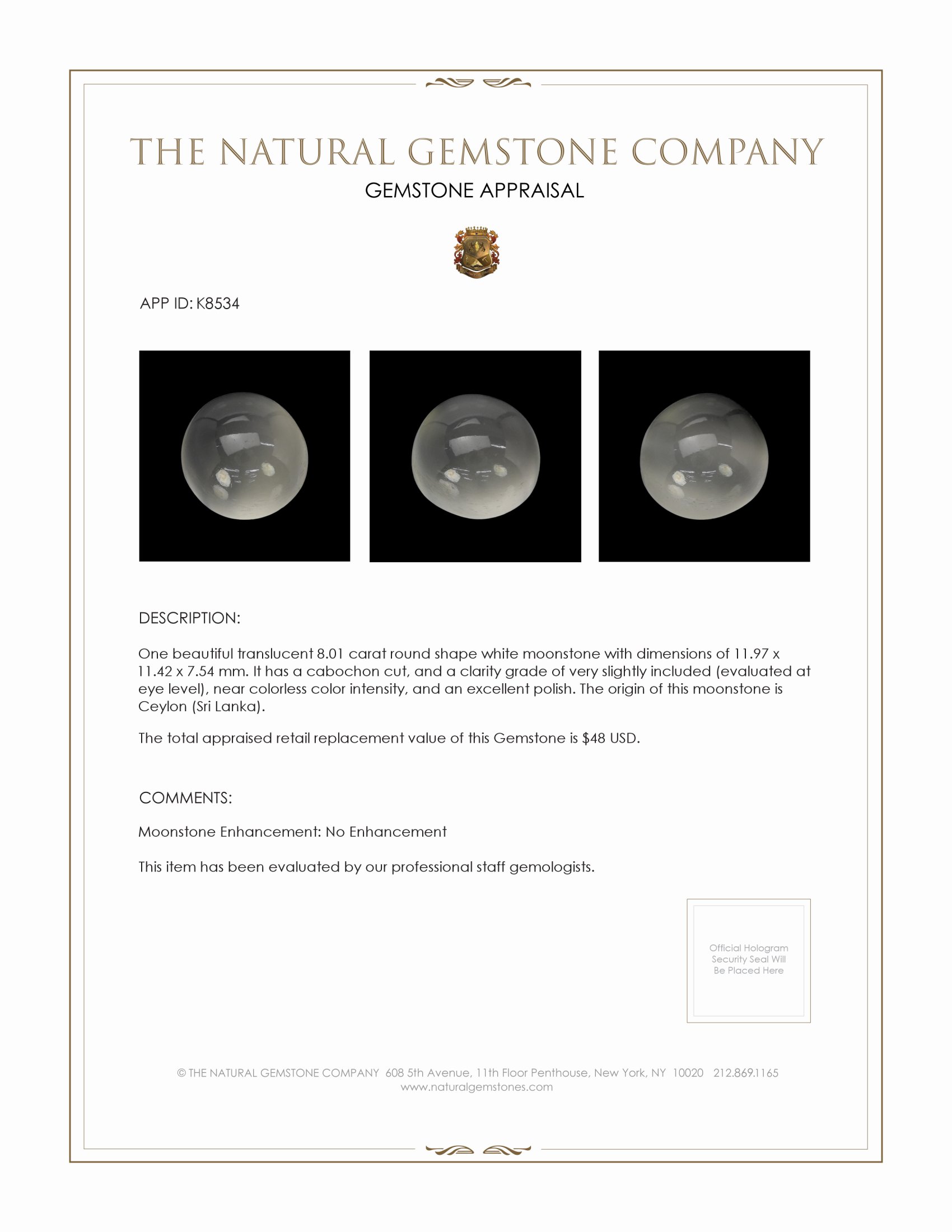 8.01 Ct. Cabochon Moonstone from Ceylon (Sri Lanka)