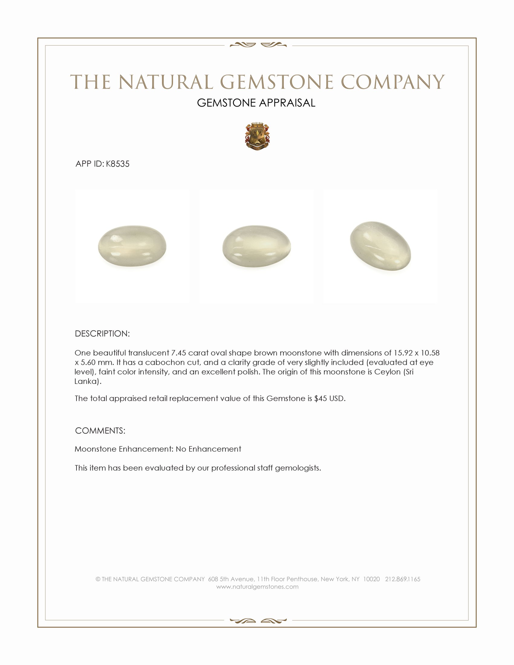 7.45 Ct. Cabochon Moonstone from Ceylon (Sri Lanka)