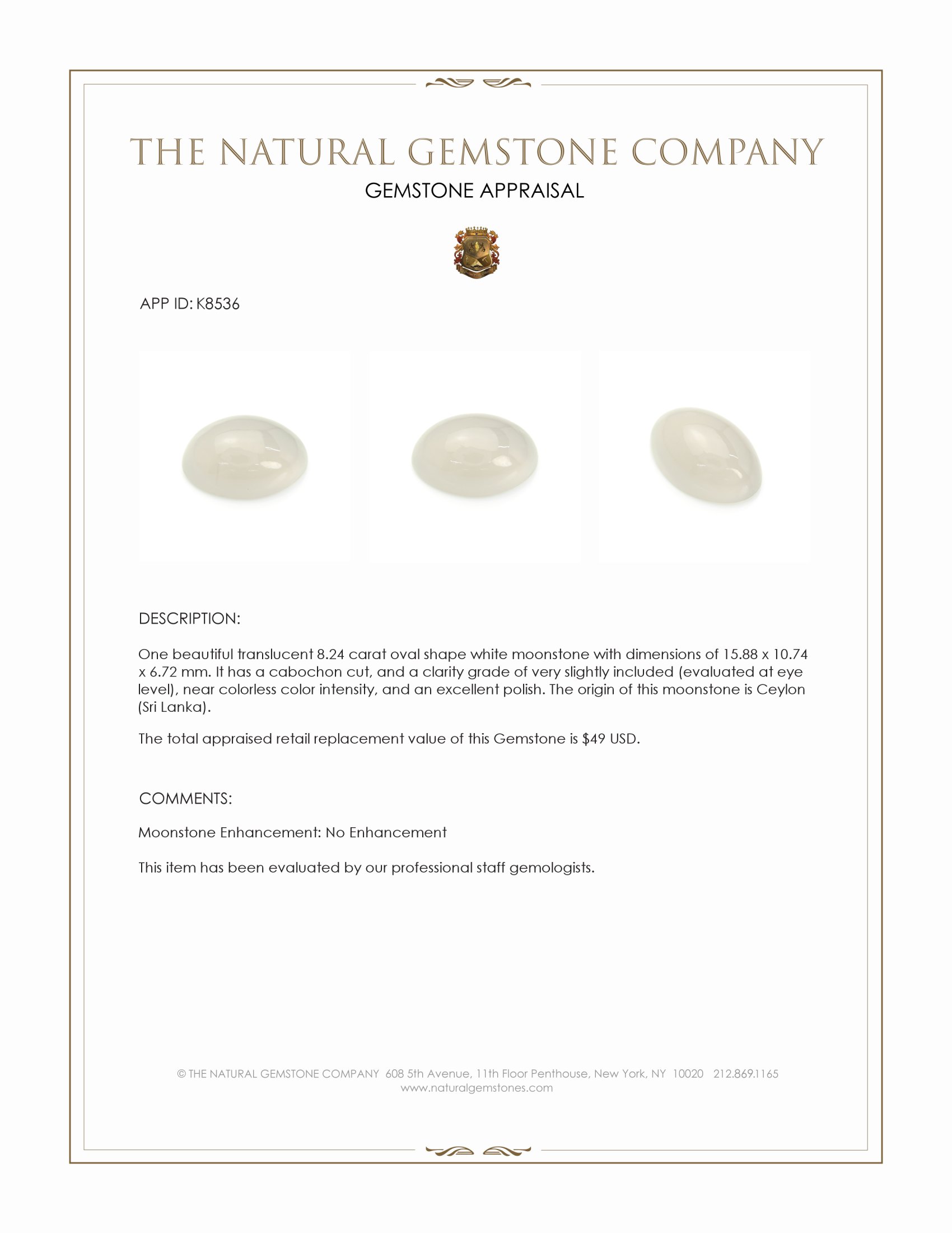 8.24 Ct. White Cabochon Moonstone from Ceylon (Sri Lanka)