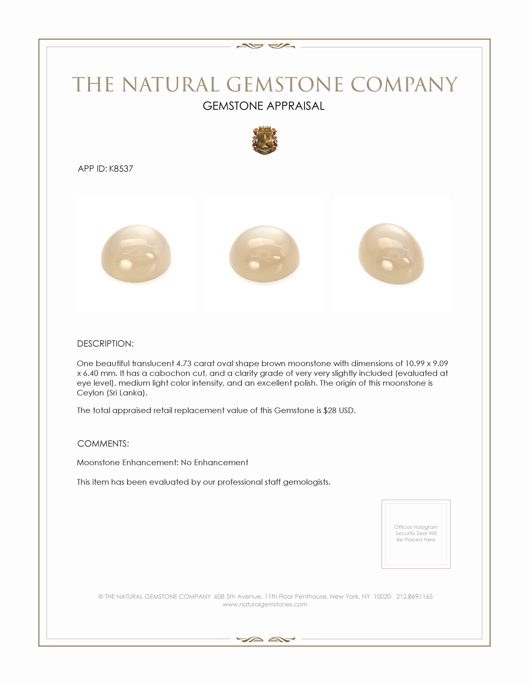 4.73 Ct. Cabochon Moonstone from Ceylon (Sri Lanka)