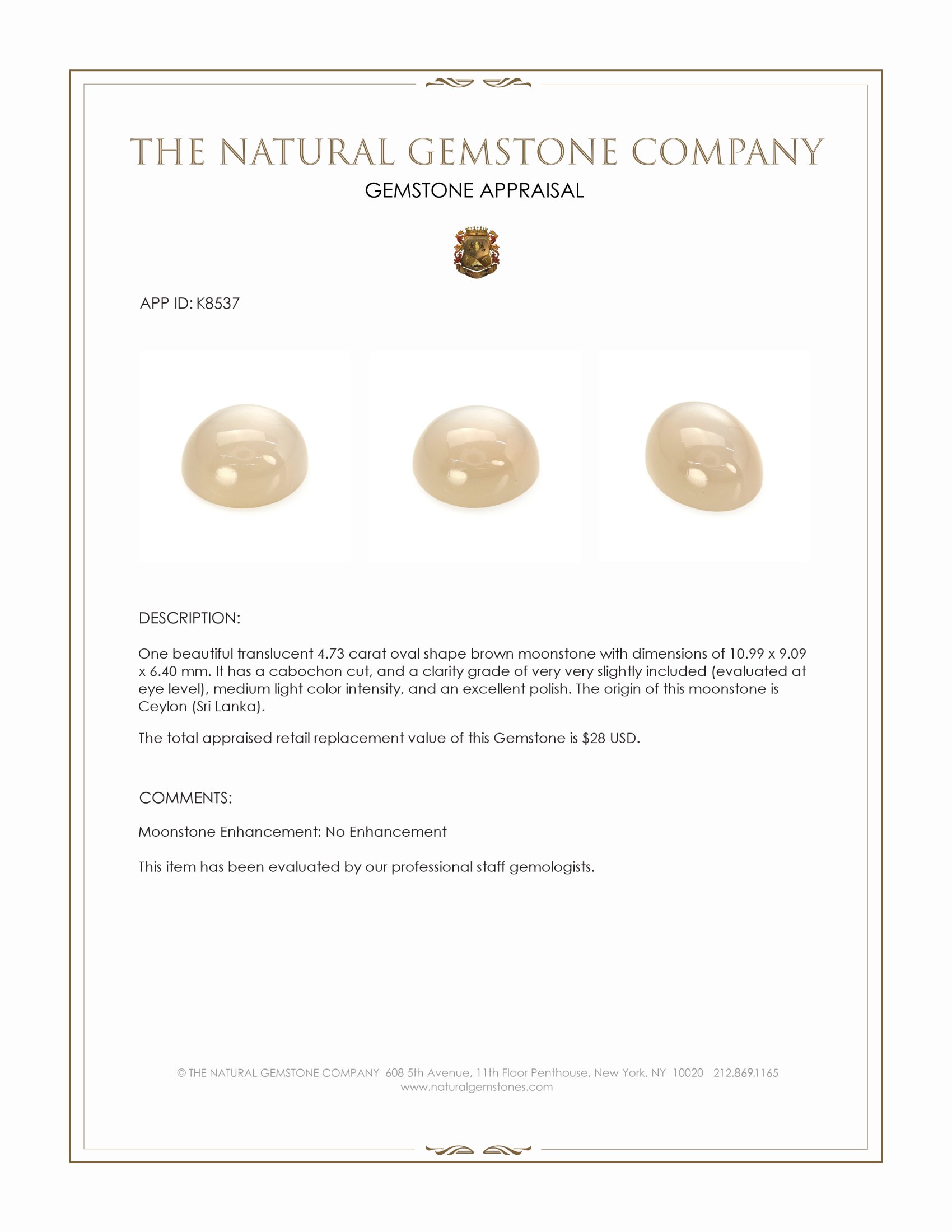 4.73 Ct. Cabochon Moonstone from Ceylon (Sri Lanka)