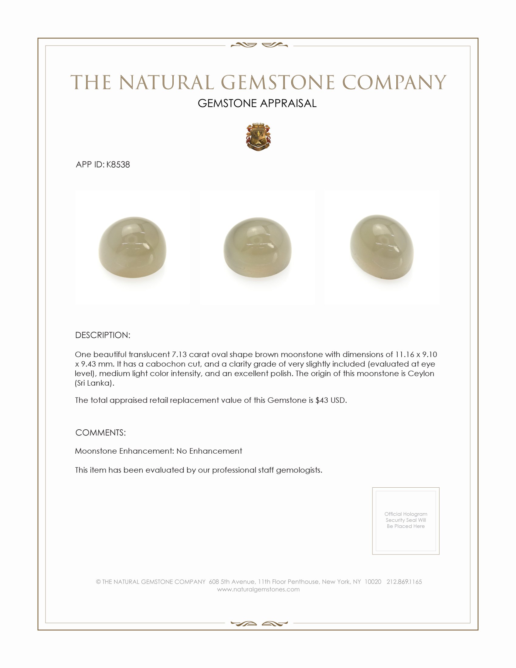 7.13 Ct. Cabochon Moonstone from Ceylon (Sri Lanka)