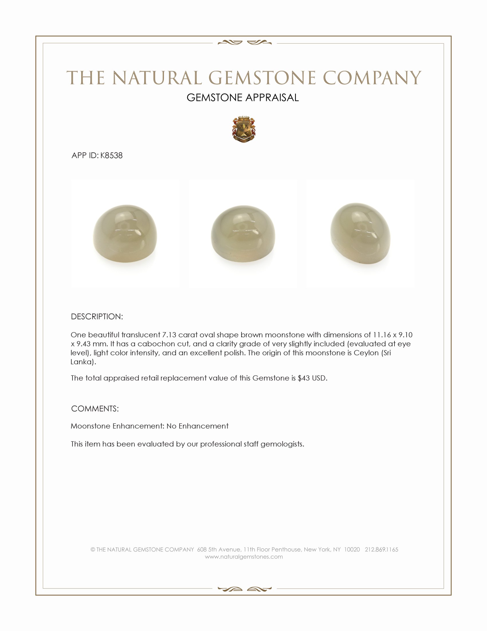 7.13 Ct. Brown Cabochon Moonstone from Ceylon (Sri Lanka)