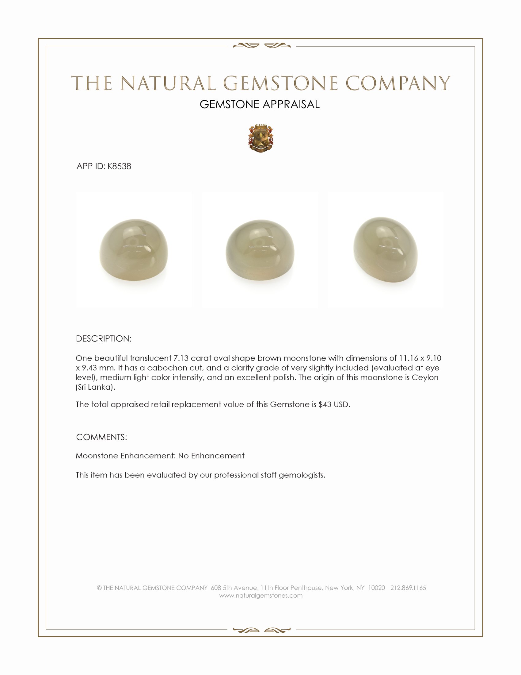 7.13 Ct. Cabochon Moonstone from Ceylon (Sri Lanka)