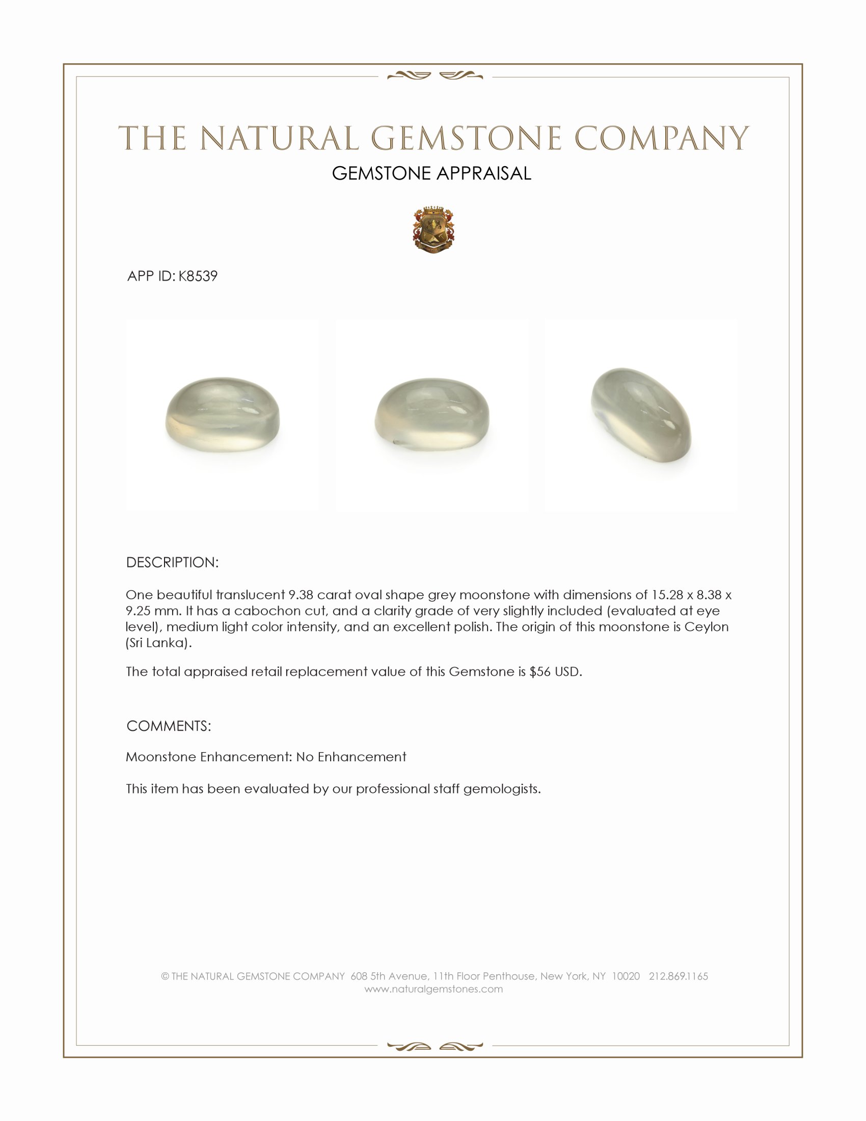 9.38 Ct. Cabochon Moonstone from Ceylon (Sri Lanka)