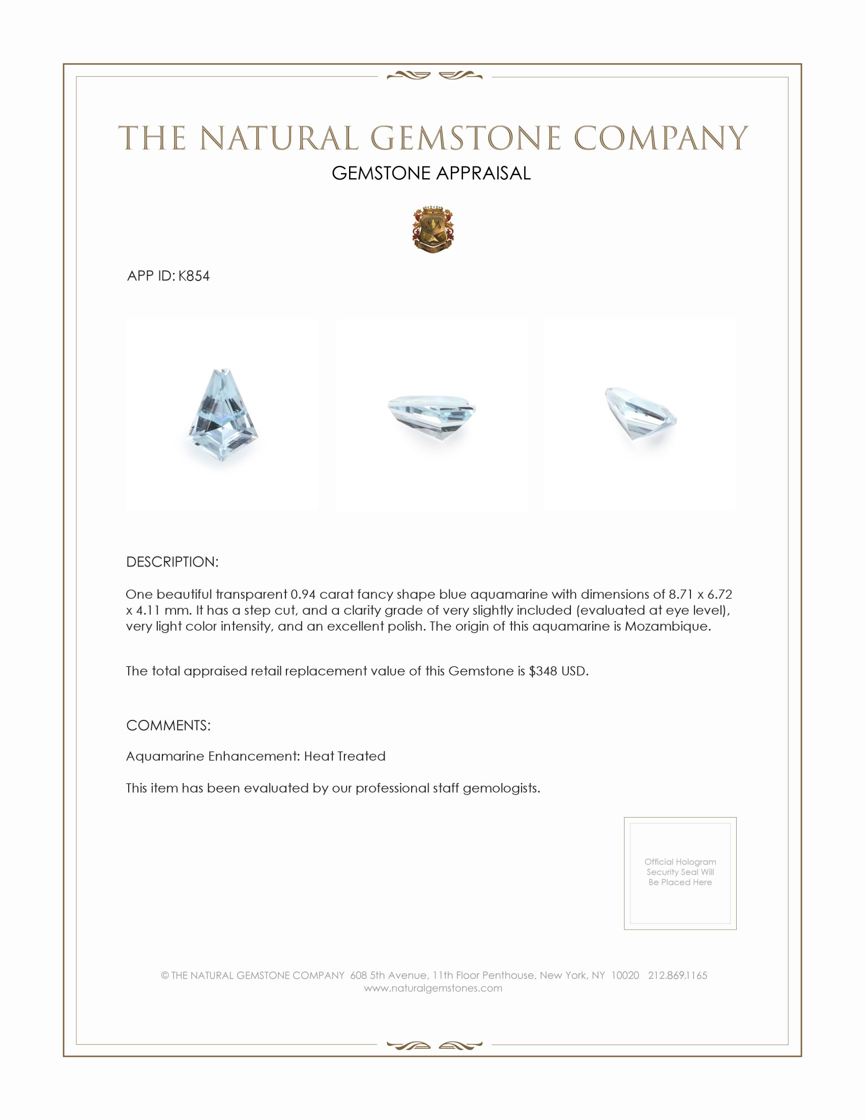 0.94 Ct. Aquamarine from Mozambique