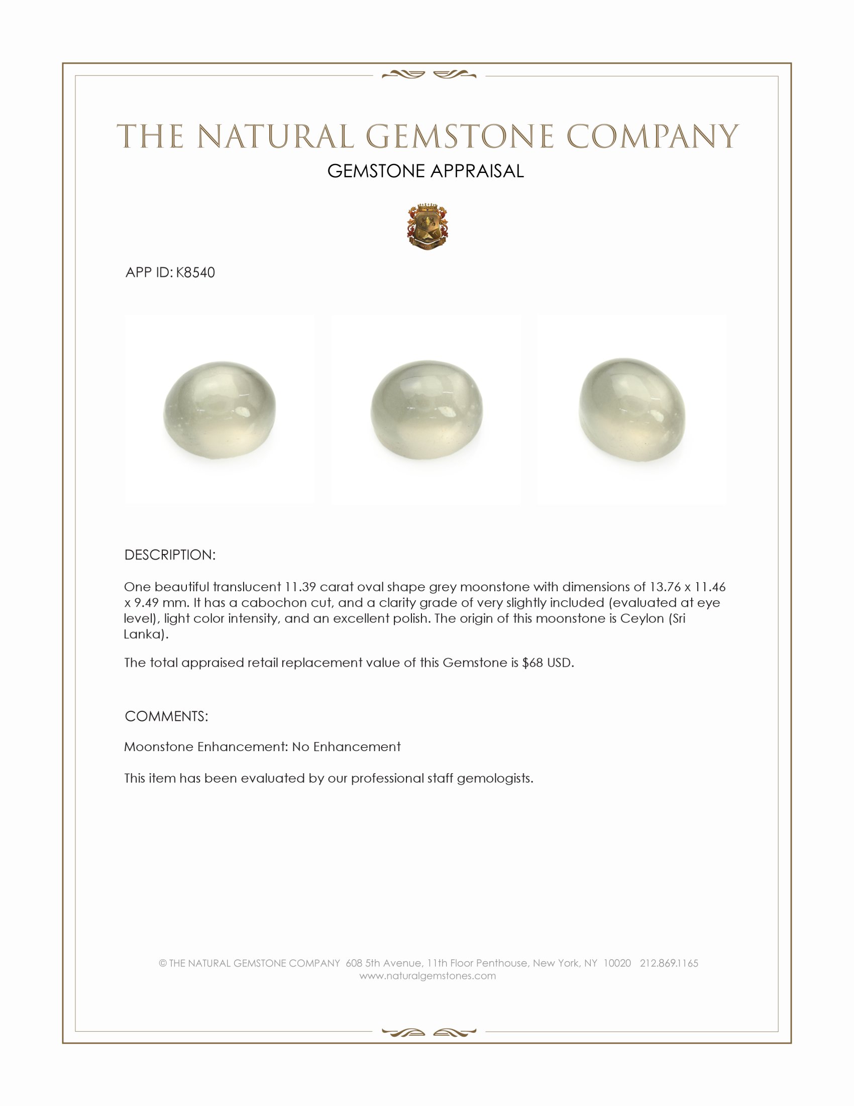 11.39 Ct. Grey Cabochon Moonstone from Ceylon (Sri Lanka)