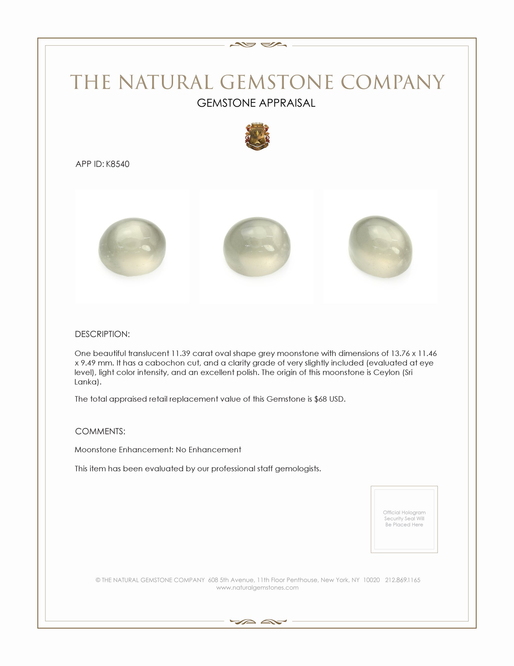 11.39 Ct. Cabochon Moonstone from Ceylon (Sri Lanka)