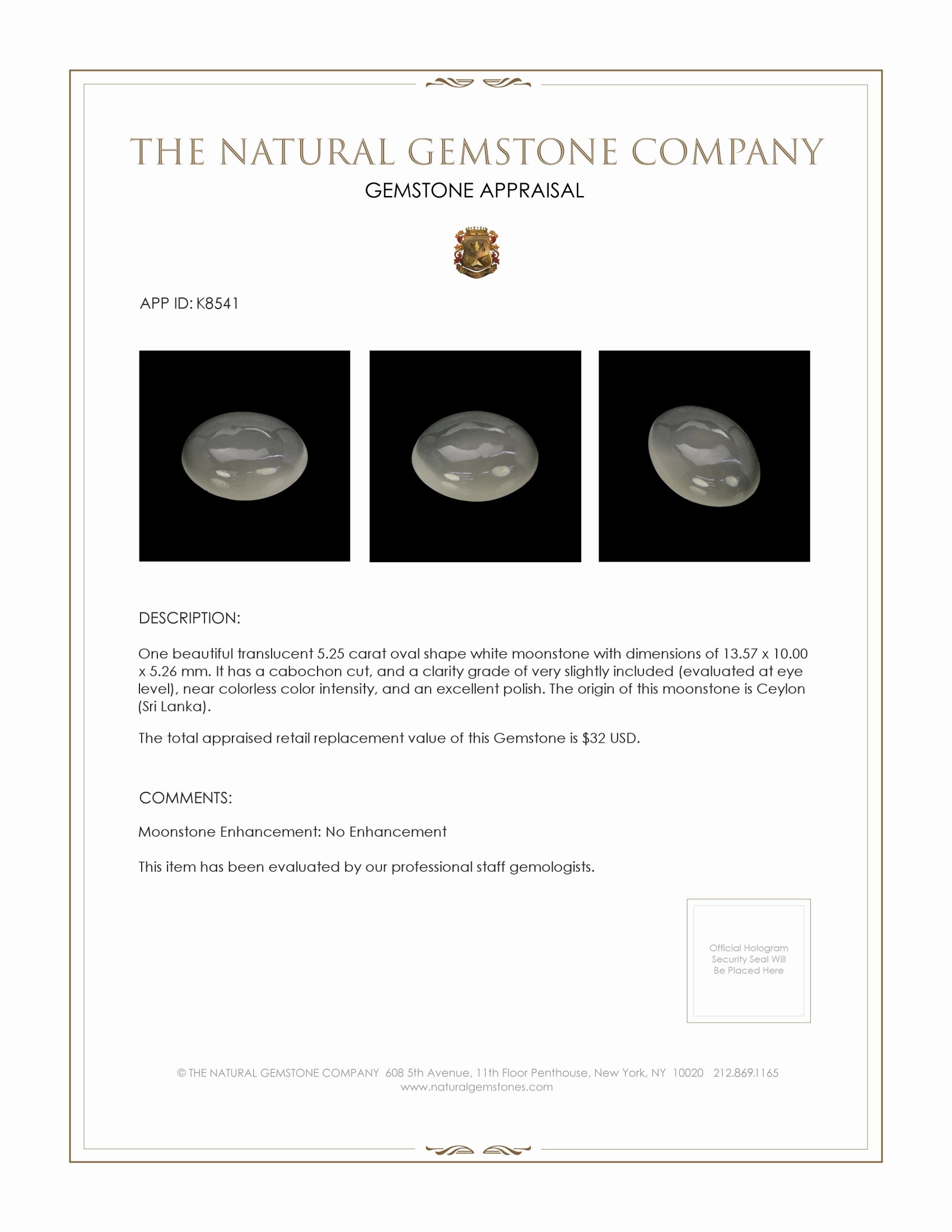 5.25 Ct. Cabochon Moonstone from Ceylon (Sri Lanka)