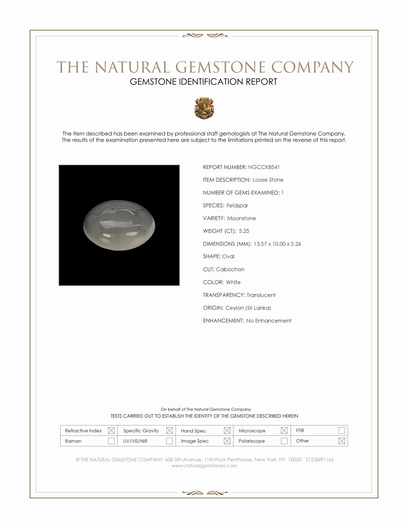 5.25 Ct. White Cabochon Moonstone from Ceylon (Sri Lanka)