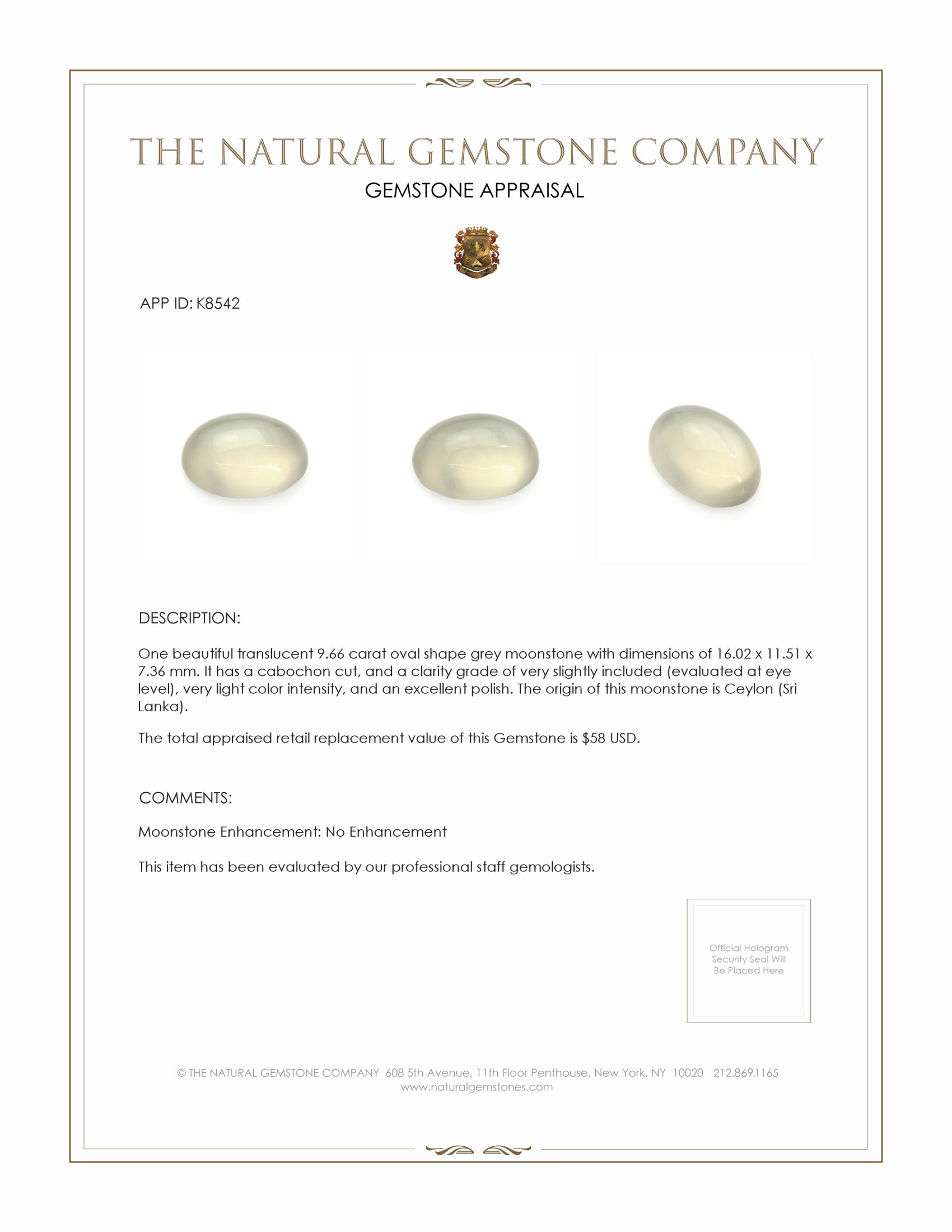 9.66 Ct. Grey Cabochon Moonstone from Ceylon (Sri Lanka)