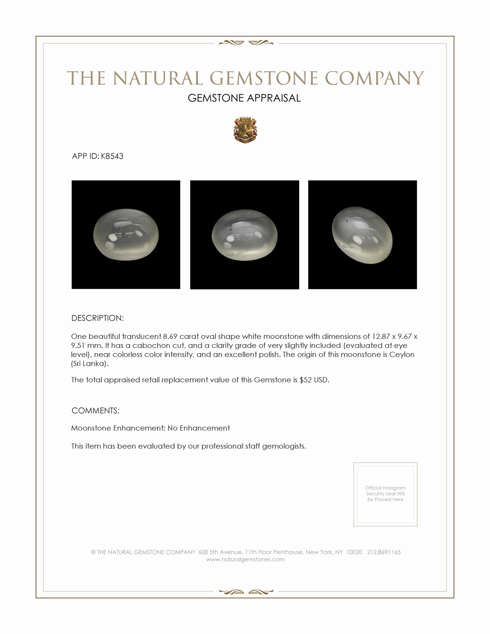 8.69 Ct. White Cabochon Moonstone from Ceylon (Sri Lanka)