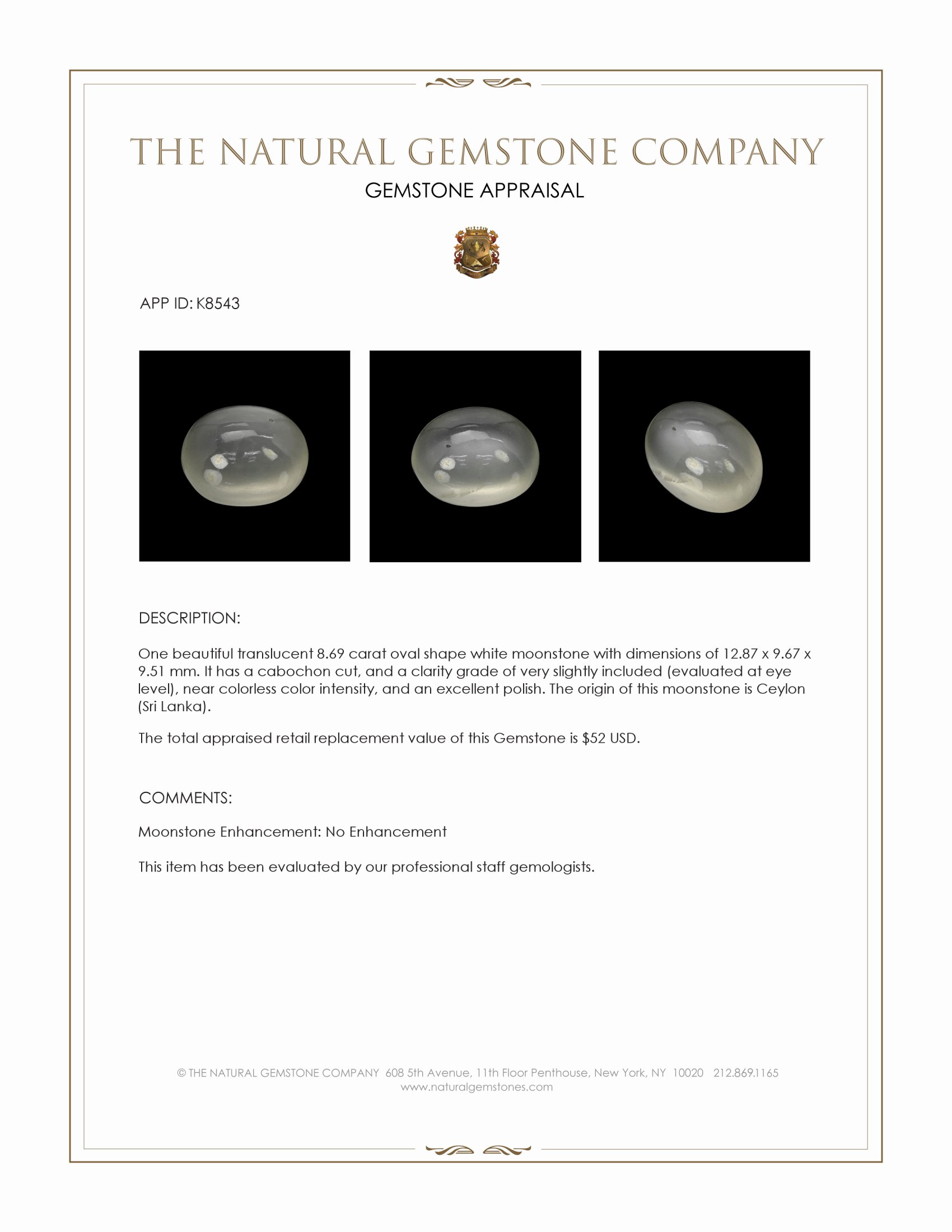 8.69 Ct. Cabochon Moonstone from Ceylon (Sri Lanka)