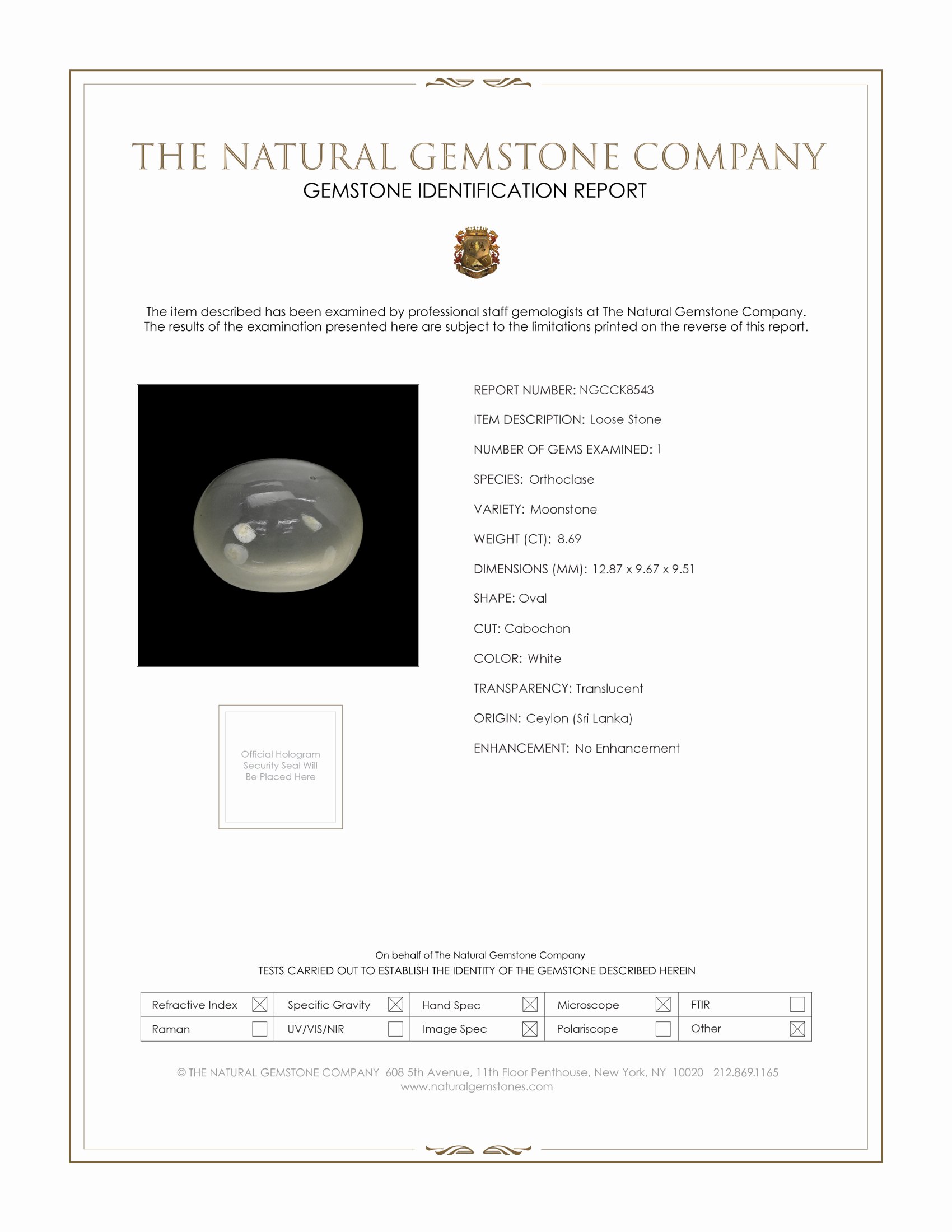 8.69 Ct. White Cabochon Moonstone from Ceylon (Sri Lanka)