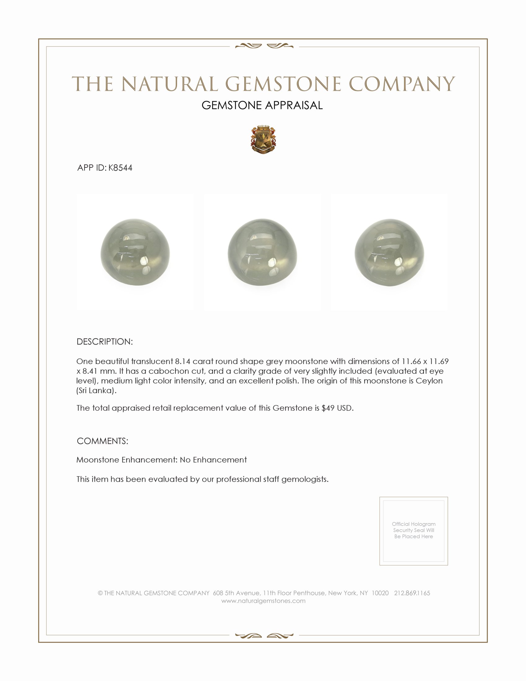 8.14 Ct. Grey Cabochon Moonstone from Ceylon (Sri Lanka)