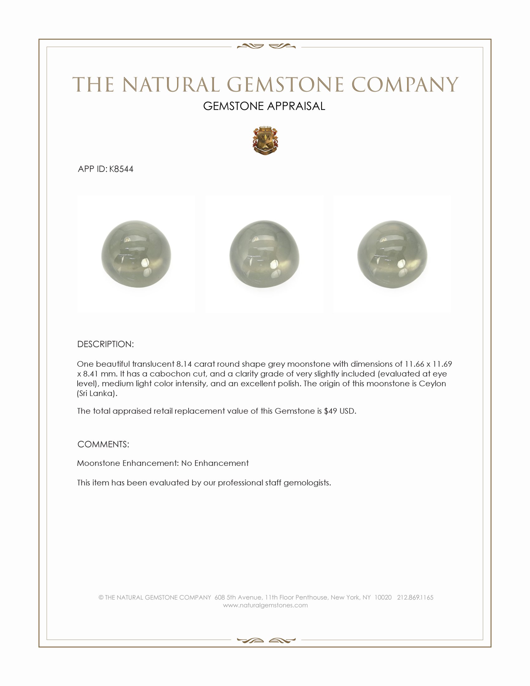 8.14 Ct. Cabochon Moonstone from Ceylon (Sri Lanka)