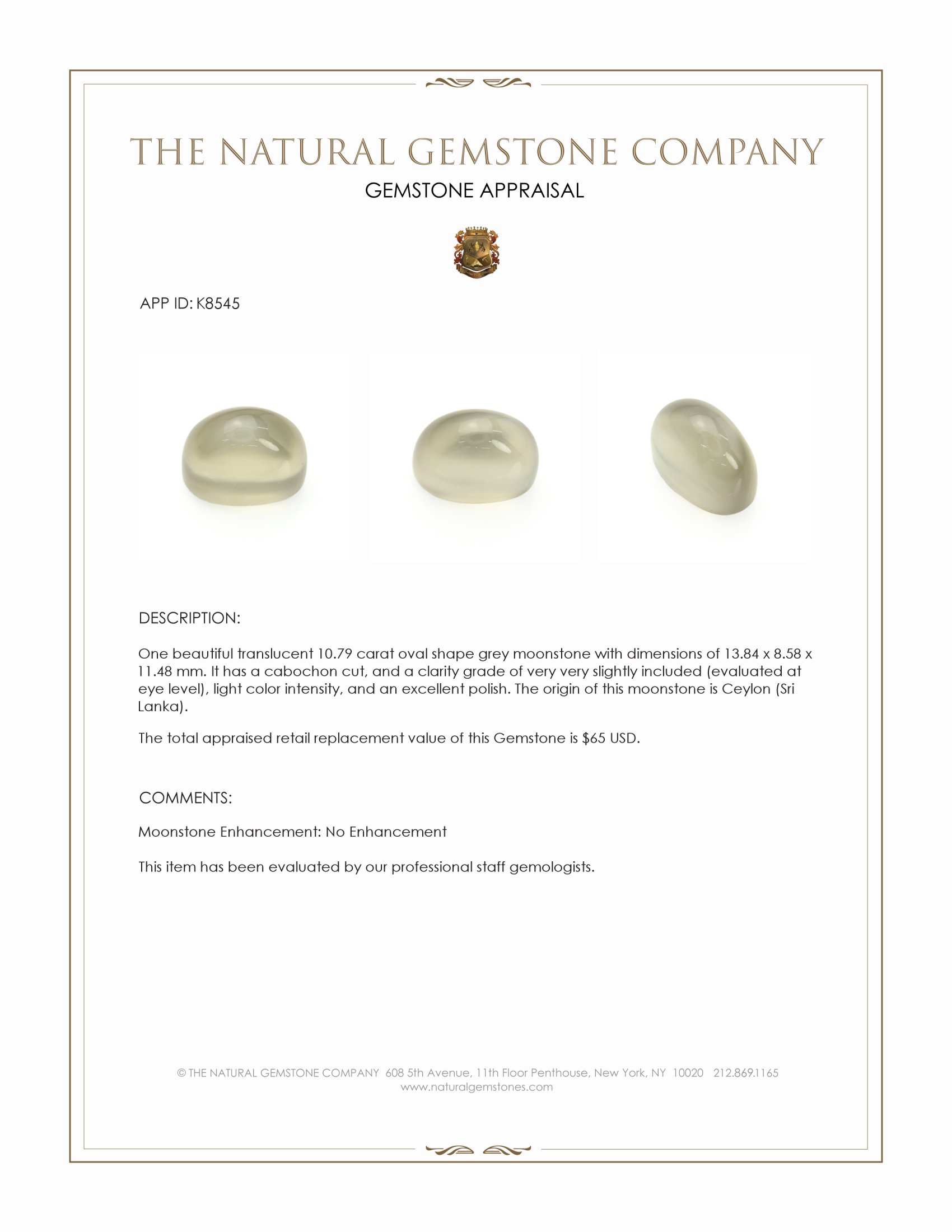 10.79 Ct. Cabochon Moonstone from Ceylon (Sri Lanka)