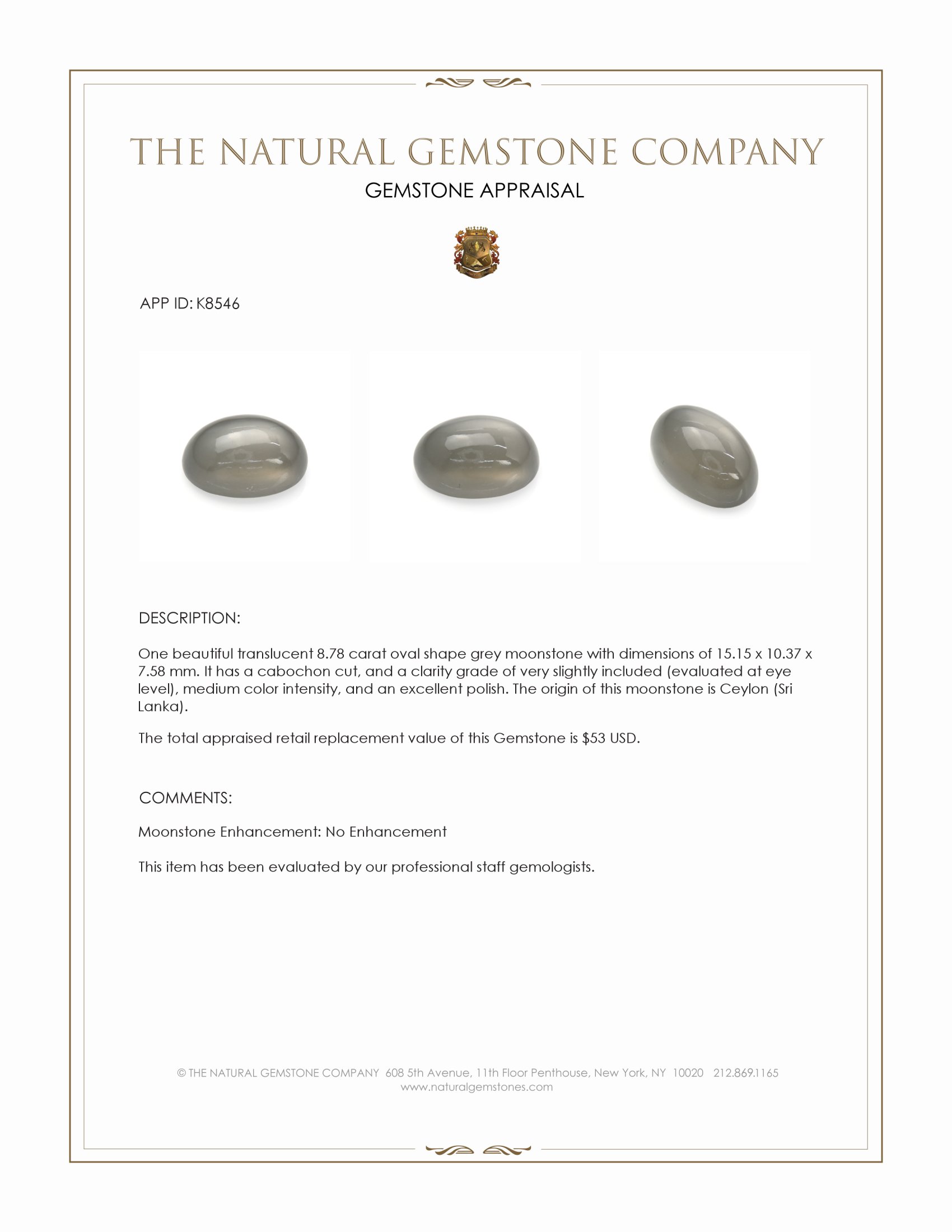 8.78 Ct. Grey Cabochon Moonstone from Ceylon (Sri Lanka)