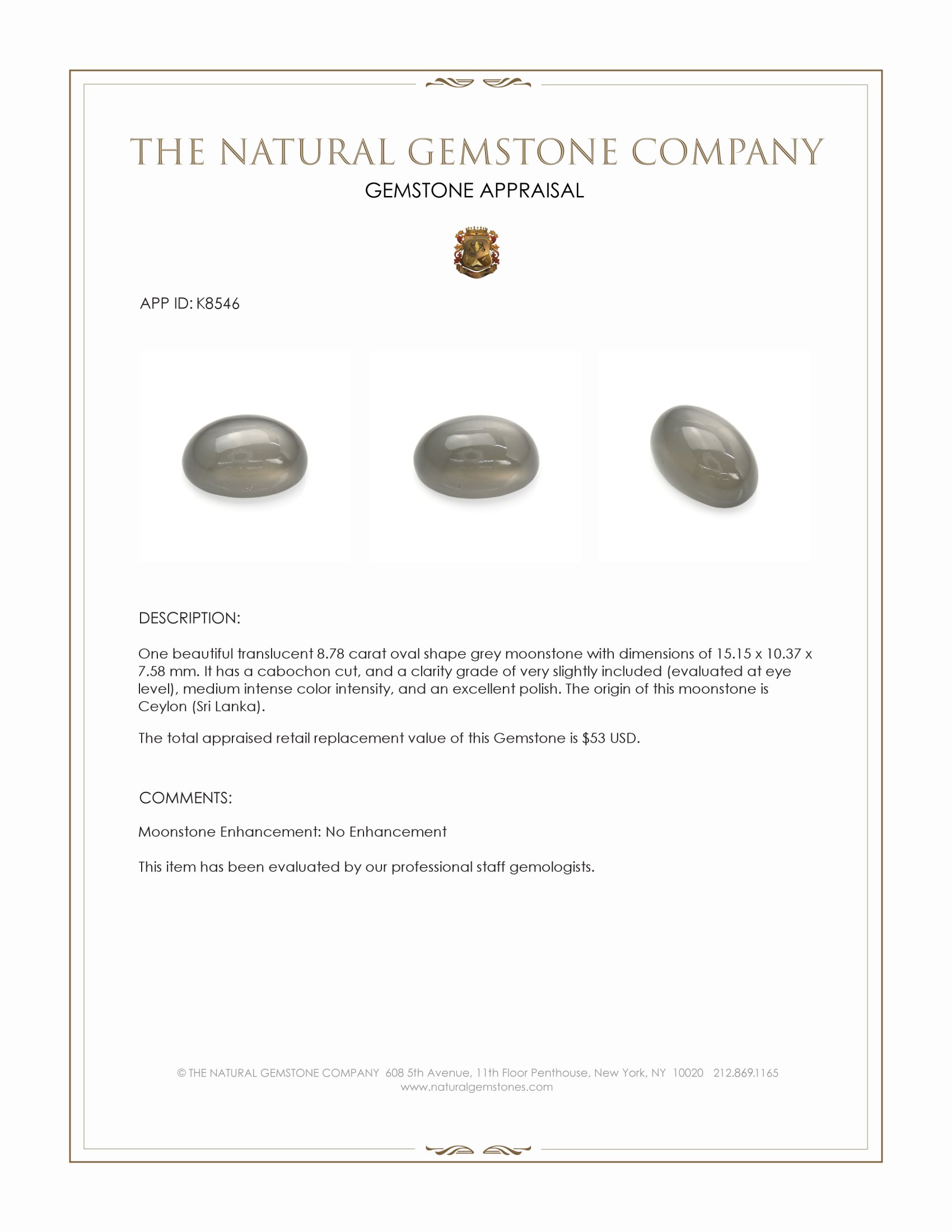 8.78 Ct. Cabochon Moonstone from Ceylon (Sri Lanka)