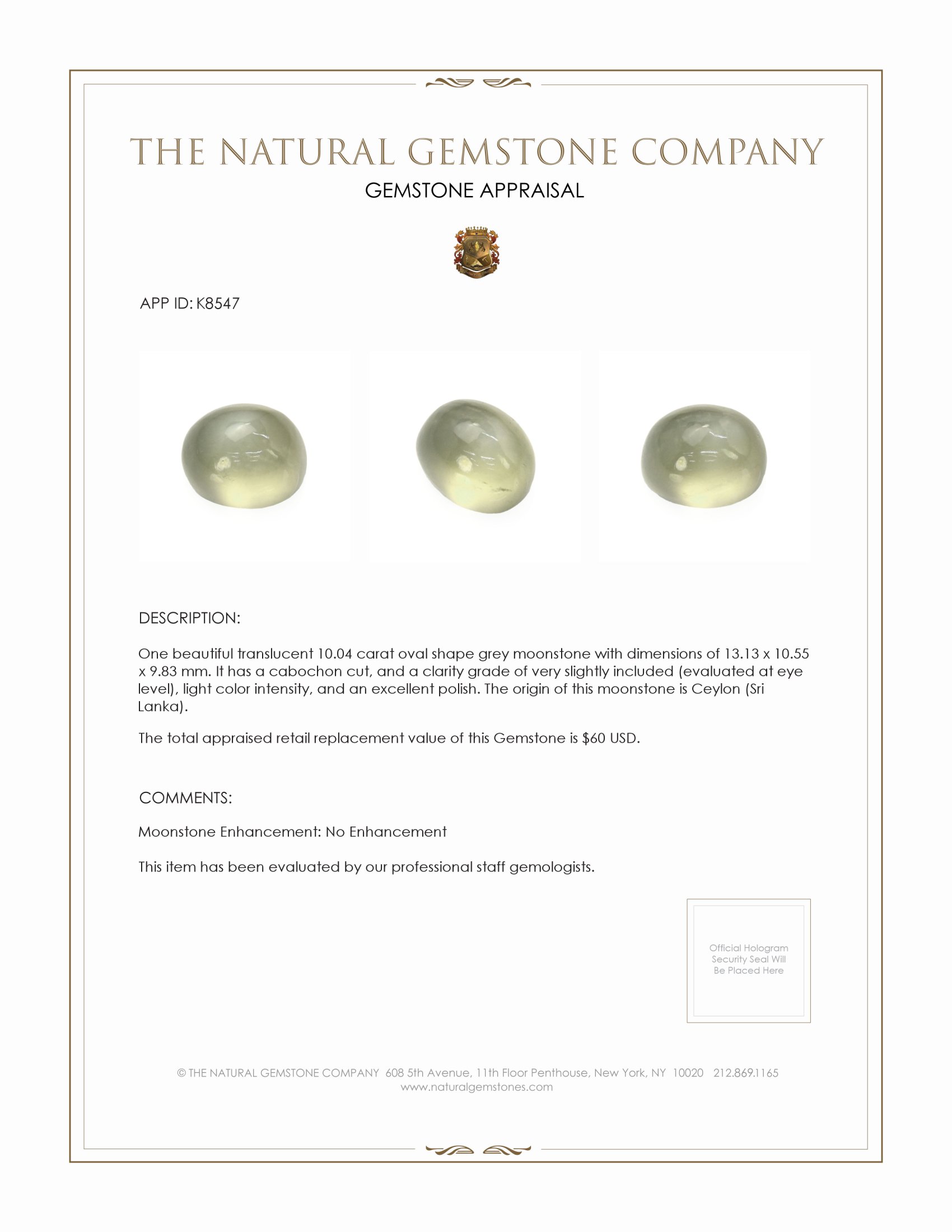 10.04 Ct. Cabochon Moonstone from Ceylon (Sri Lanka)
