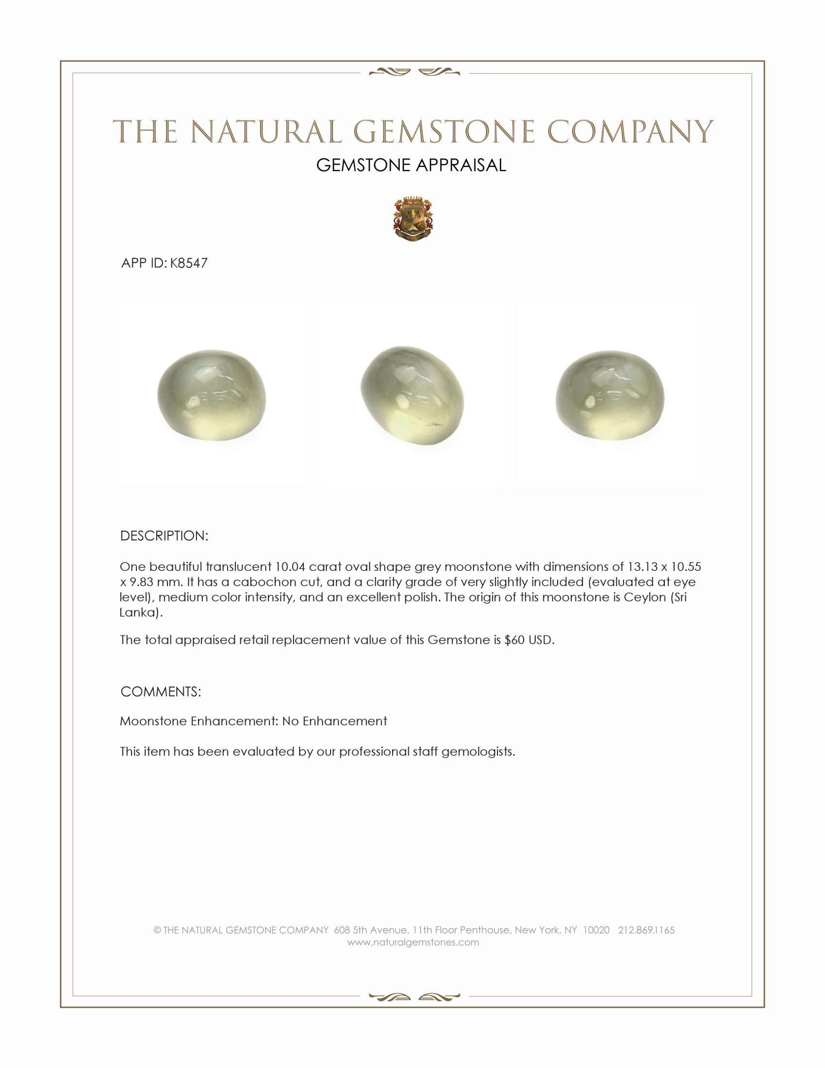 10.04 Ct. Grey Cabochon Moonstone from Ceylon (Sri Lanka)