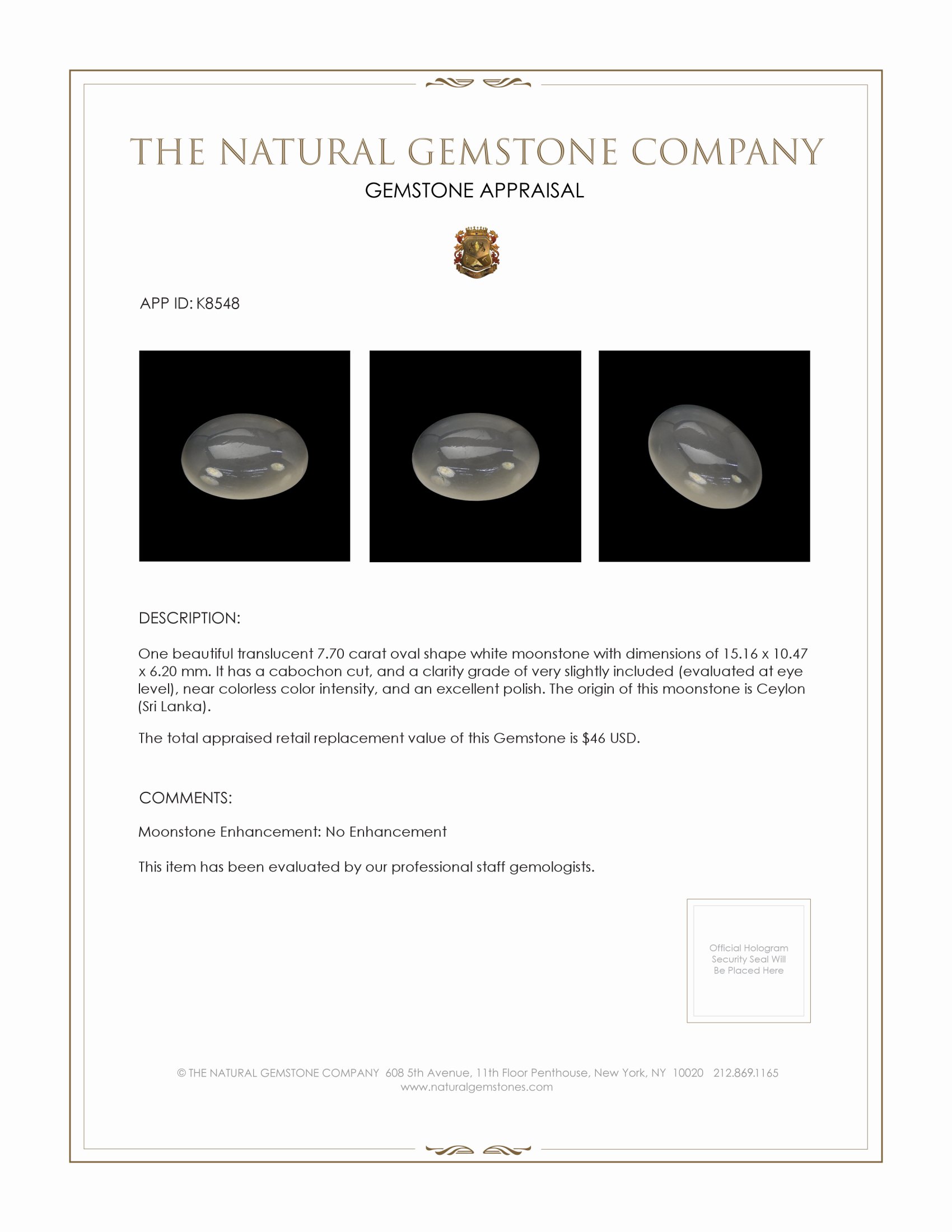 7.70 Ct. White Cabochon Moonstone from Ceylon (Sri Lanka)