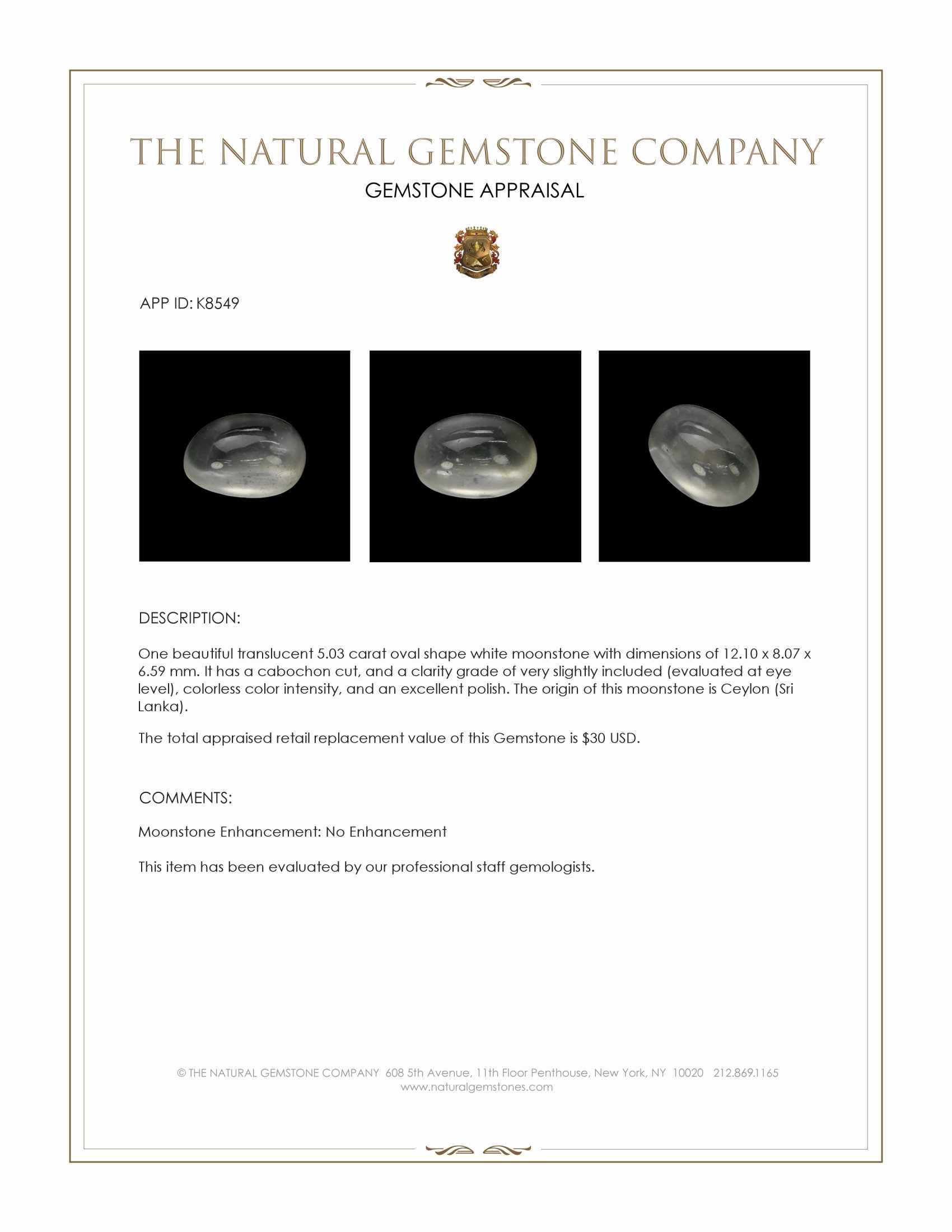 5.03 Ct. White Cabochon Moonstone from Ceylon (Sri Lanka)