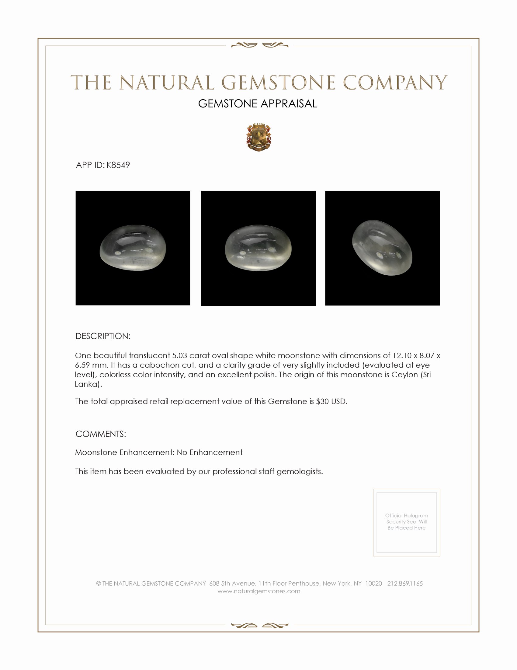 5.03 Ct. Cabochon Moonstone from Ceylon (Sri Lanka)